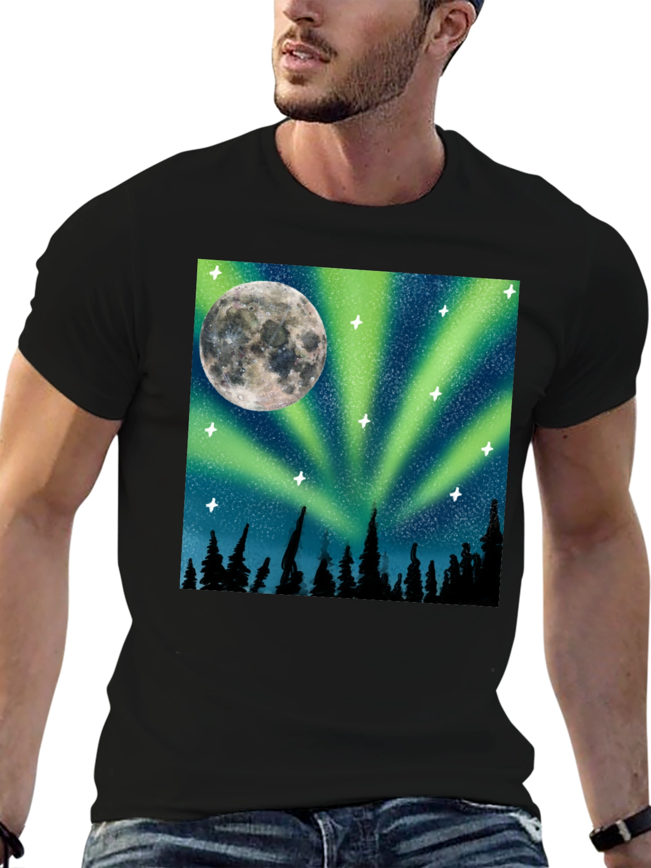 Northern Lights Moon T-Shirt - Black Cotton Tee
