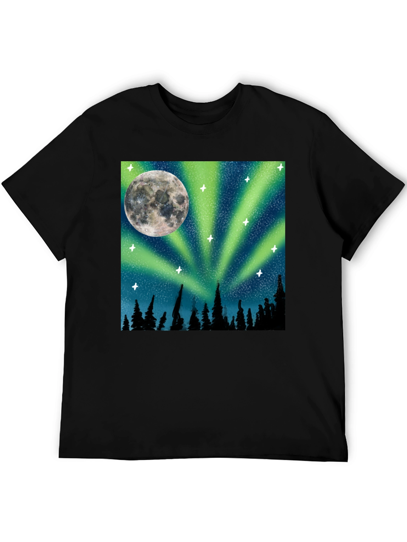 Northern Lights Moon T-Shirt - Black Cotton Tee