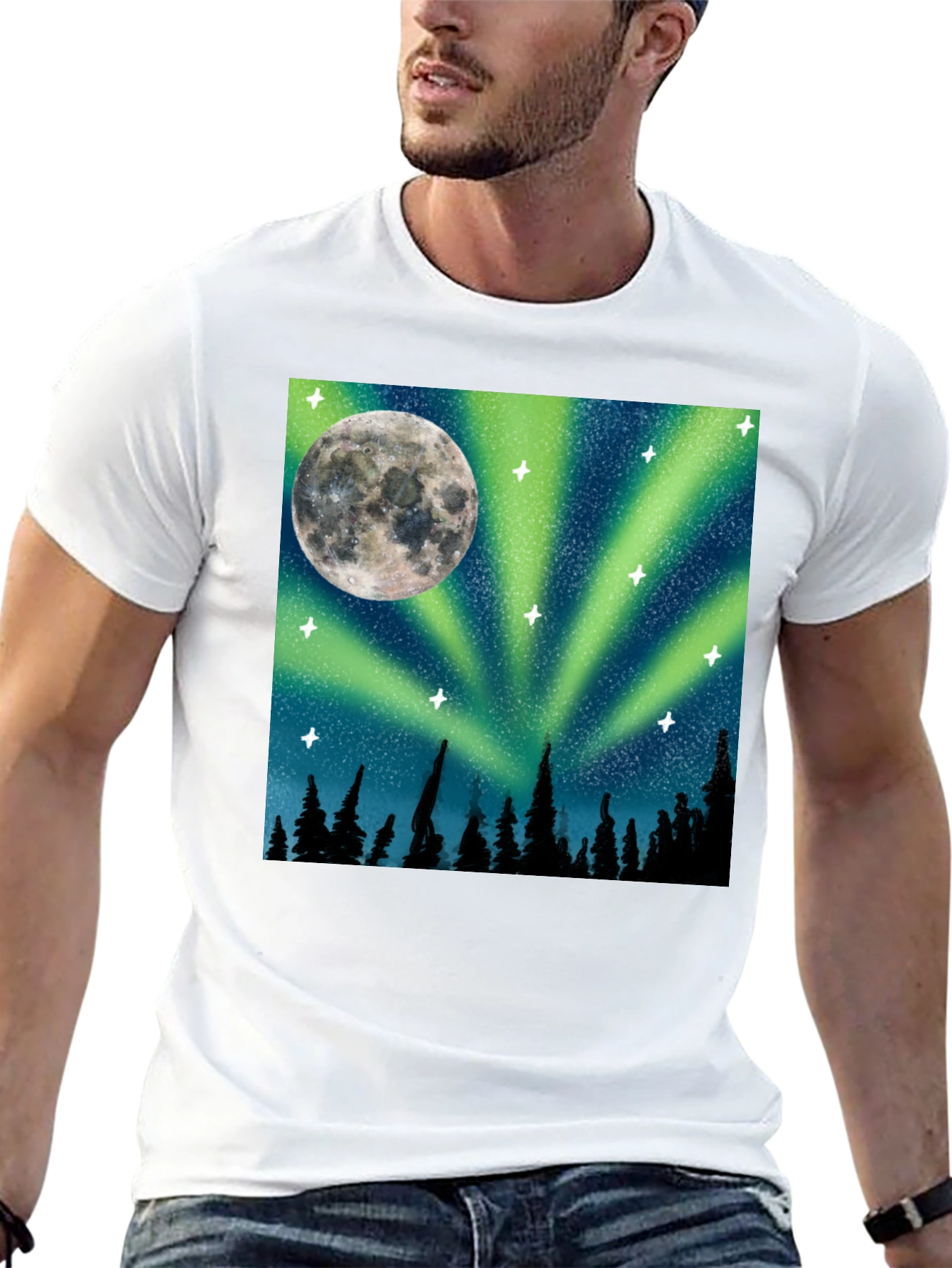 Northern Lights Moon T-Shirt - Black Cotton Tee