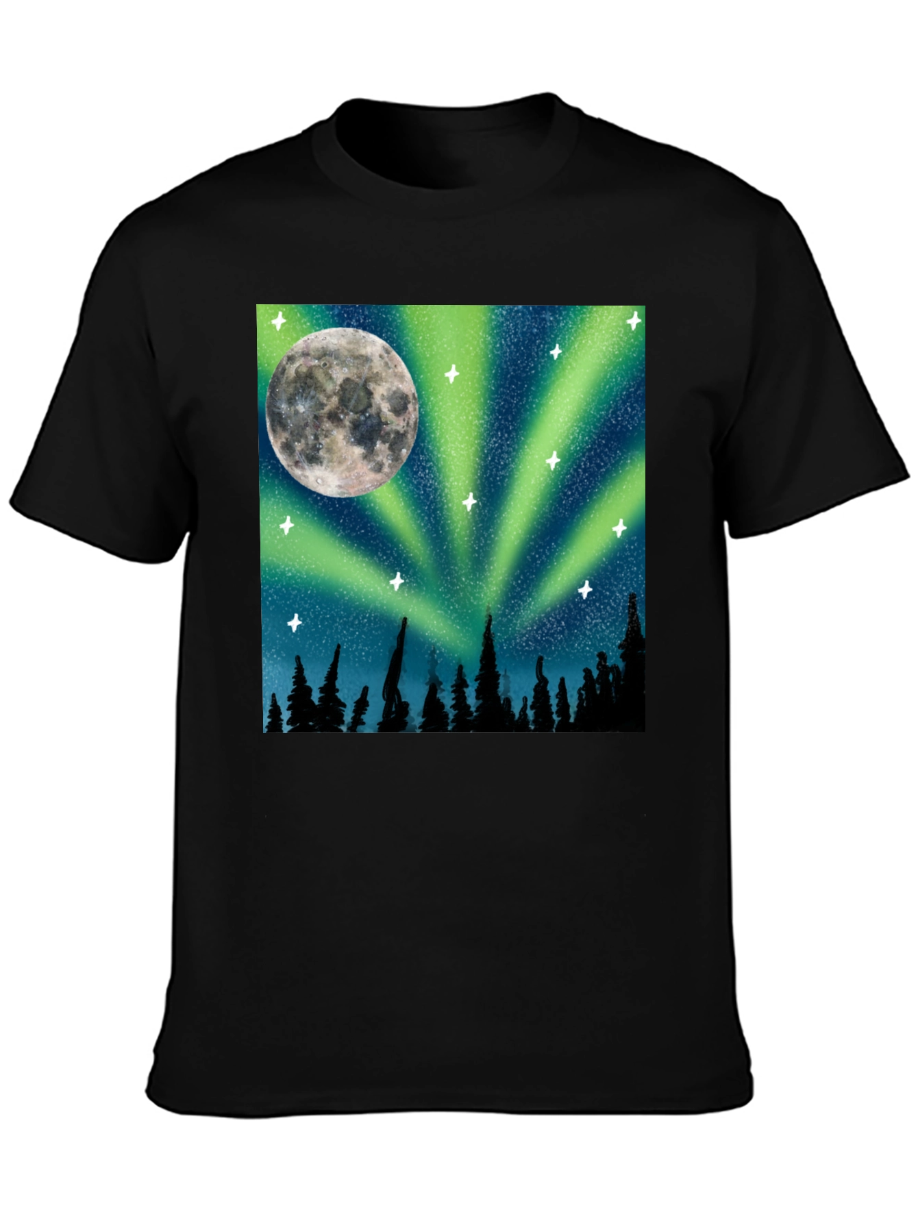 Northern Lights Moon T-Shirt - Black Cotton Tee