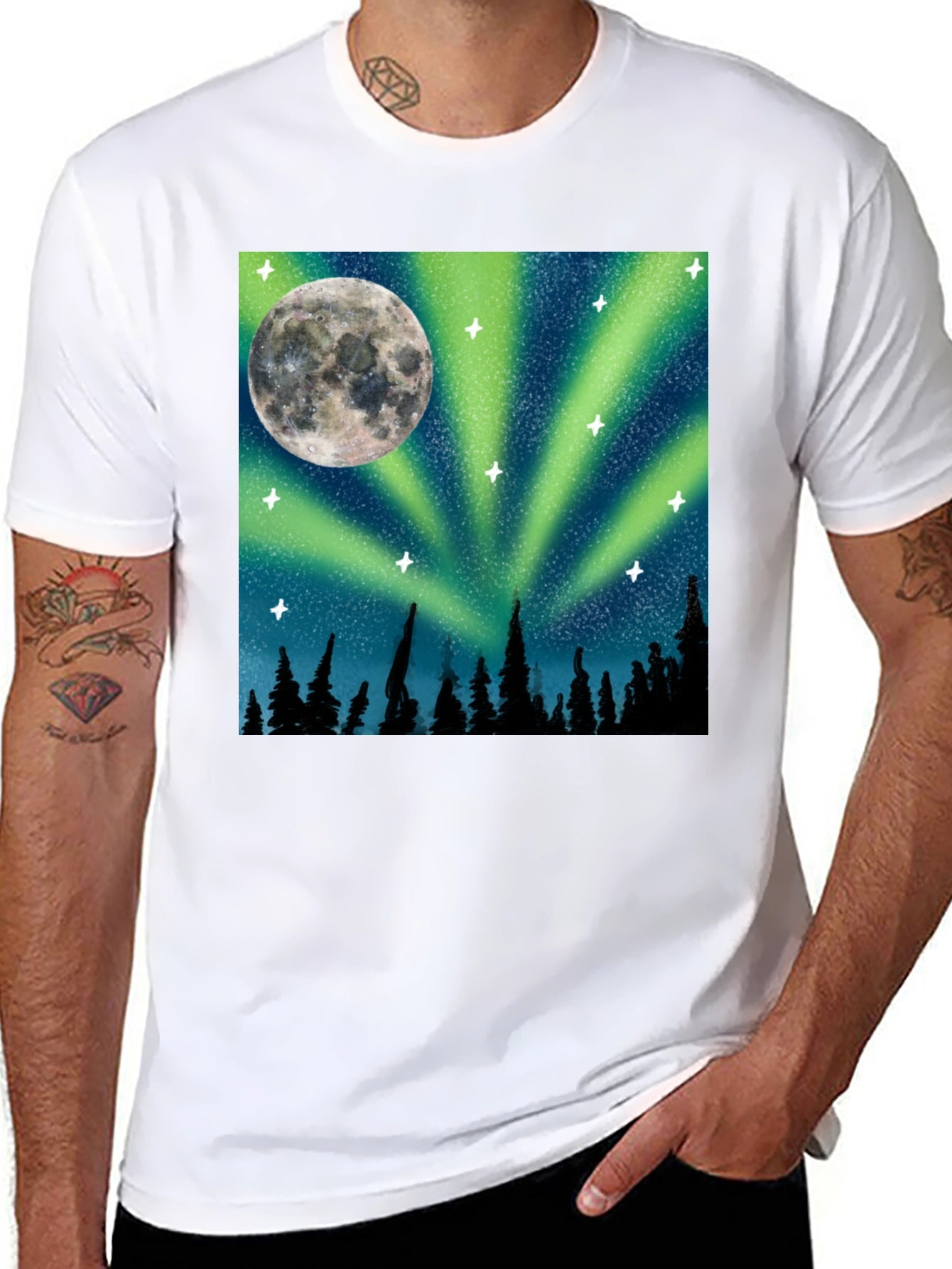 Northern Lights Moon T-Shirt - Black Cotton Tee