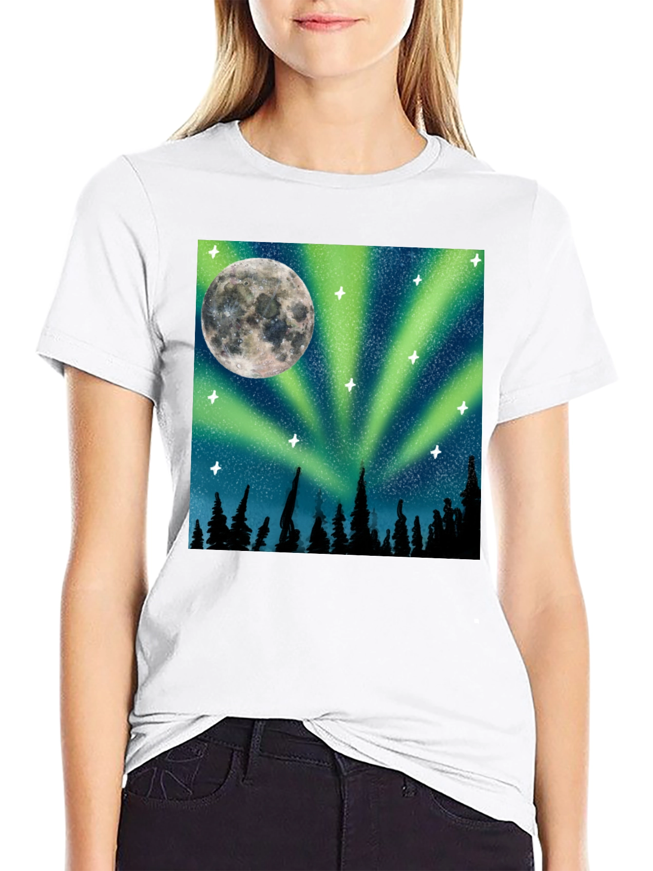 Northern Lights Moon T-Shirt - Black Cotton Tee