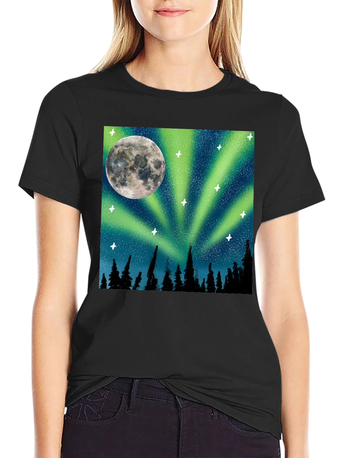 Northern Lights Moon T-Shirt - Black Cotton Tee