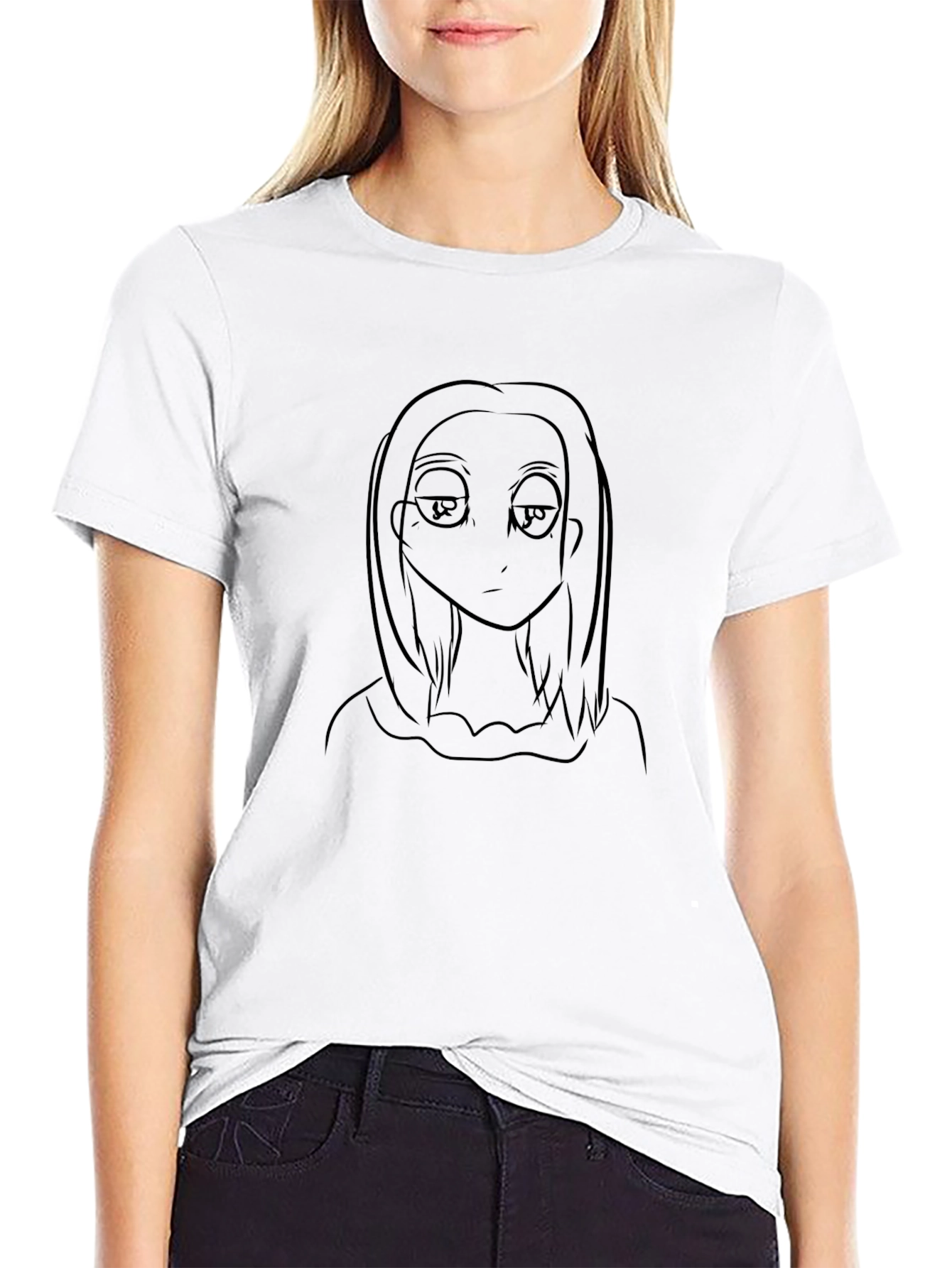 Anime Character Line Art Black T-Shirt
