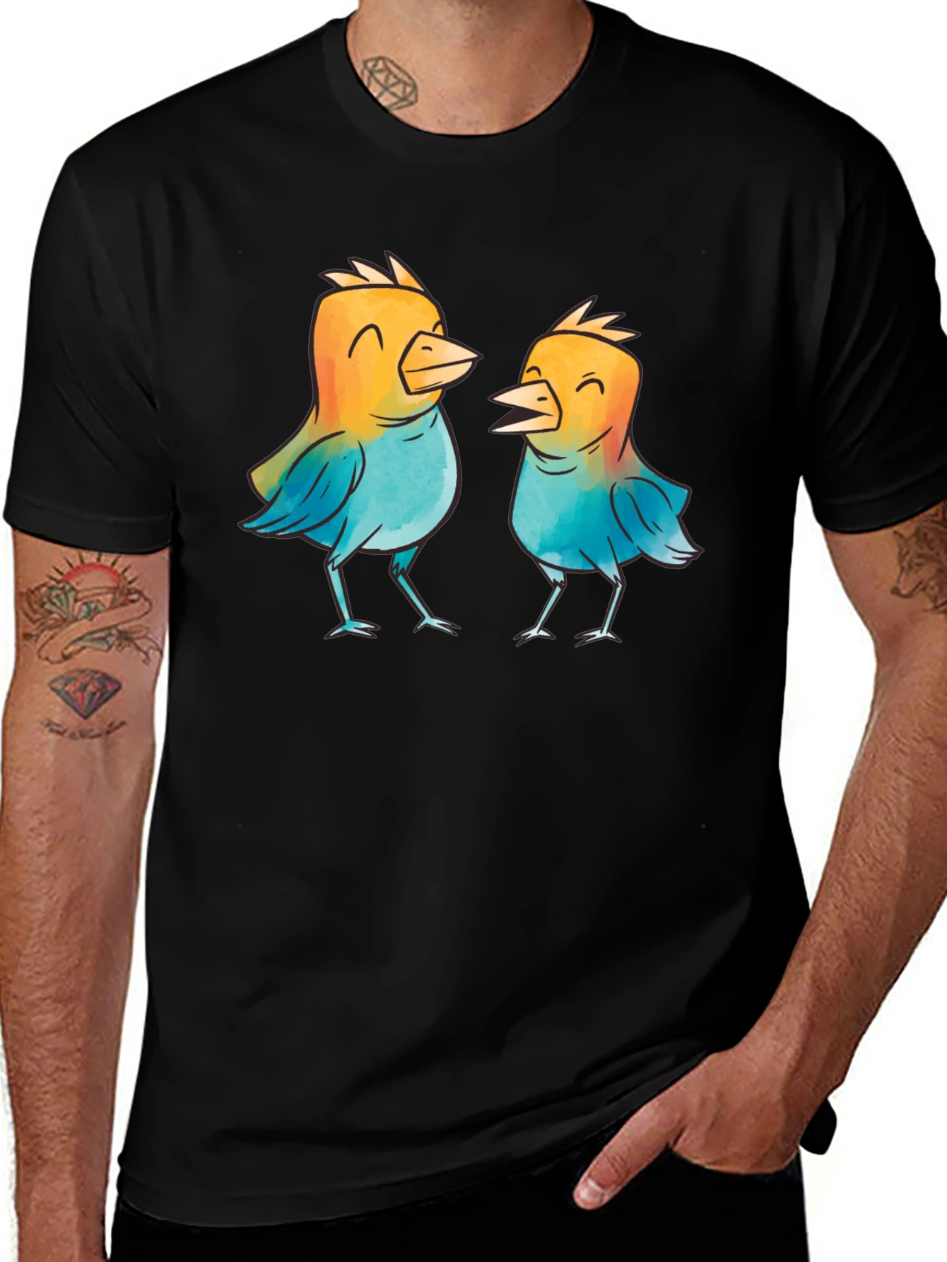 Whimsical Birds Graphic T-Shirt - Black