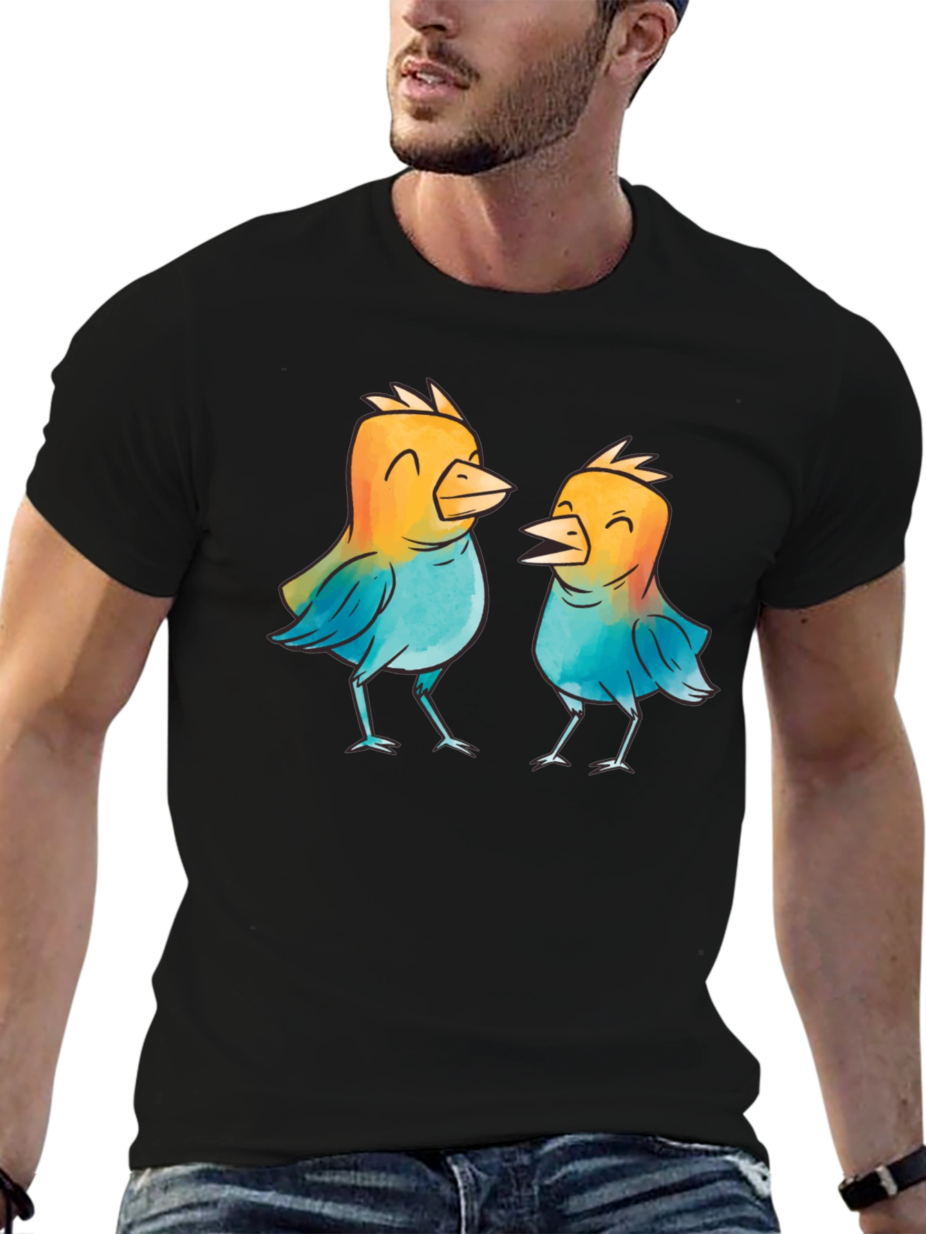 Whimsical Birds Graphic T-Shirt - Black