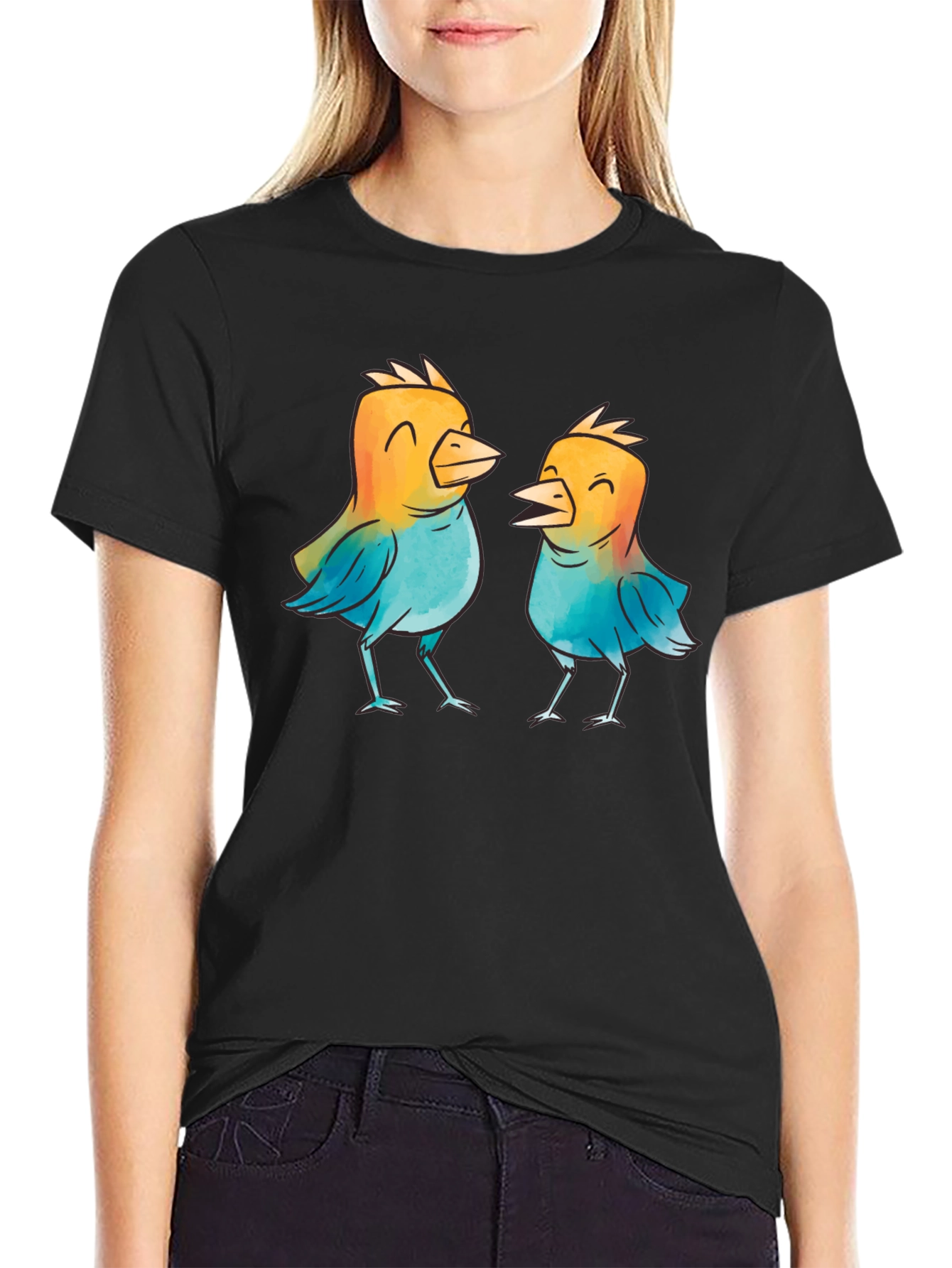 Whimsical Birds Graphic T-Shirt - Black