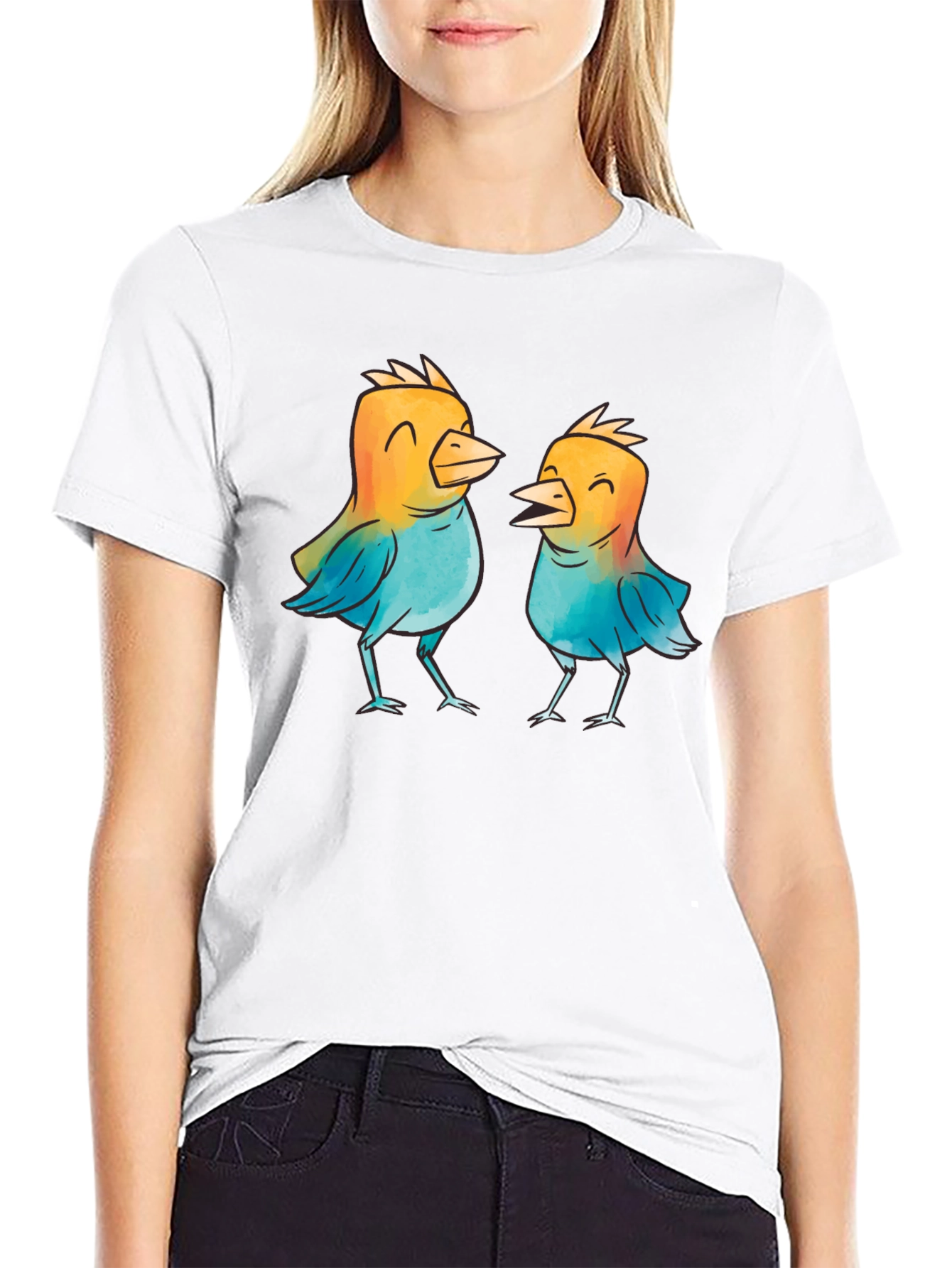 Whimsical Birds Graphic T-Shirt - Black