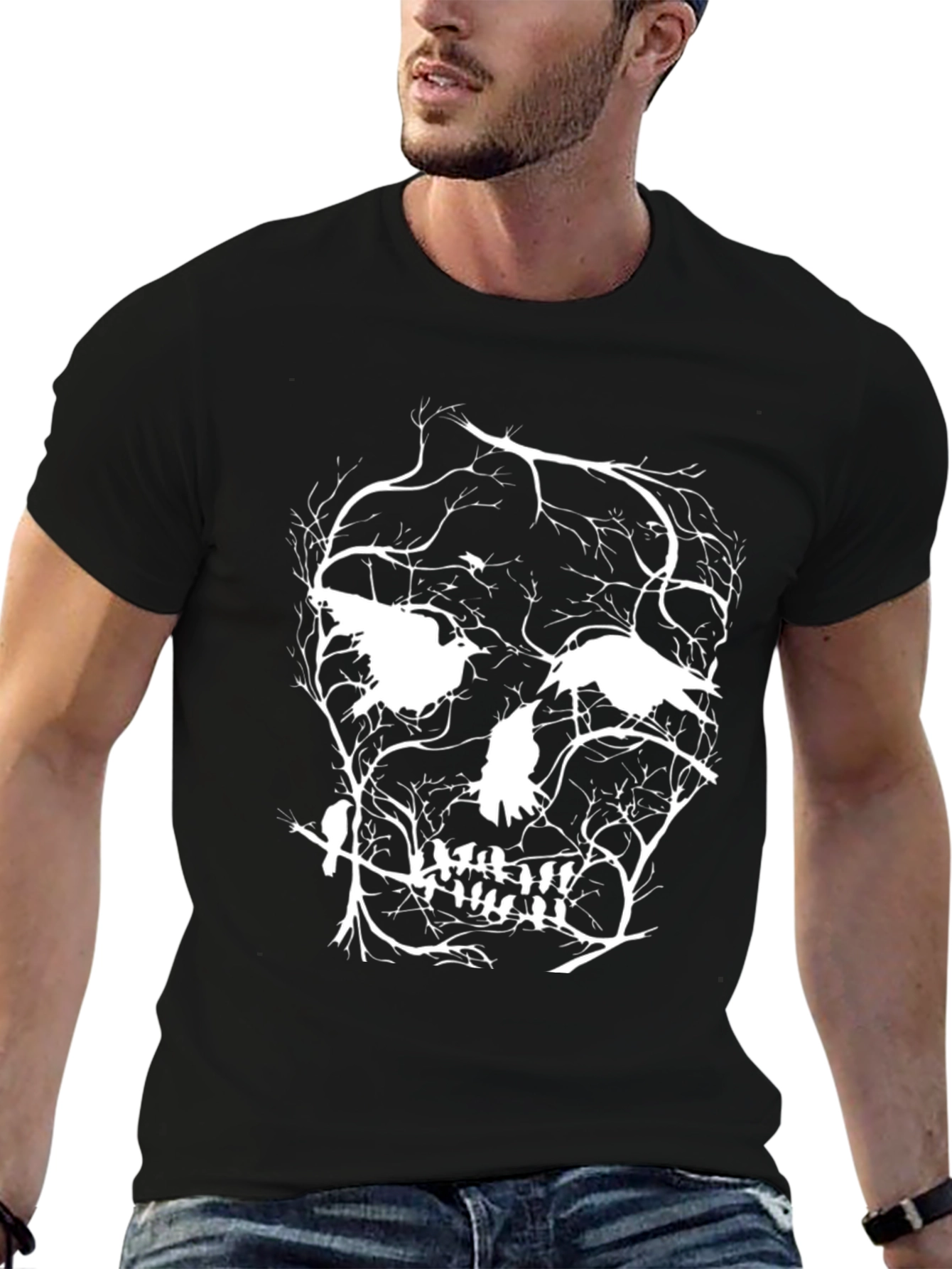 Raven Skull Graphic Tee - Black Cotton Blend