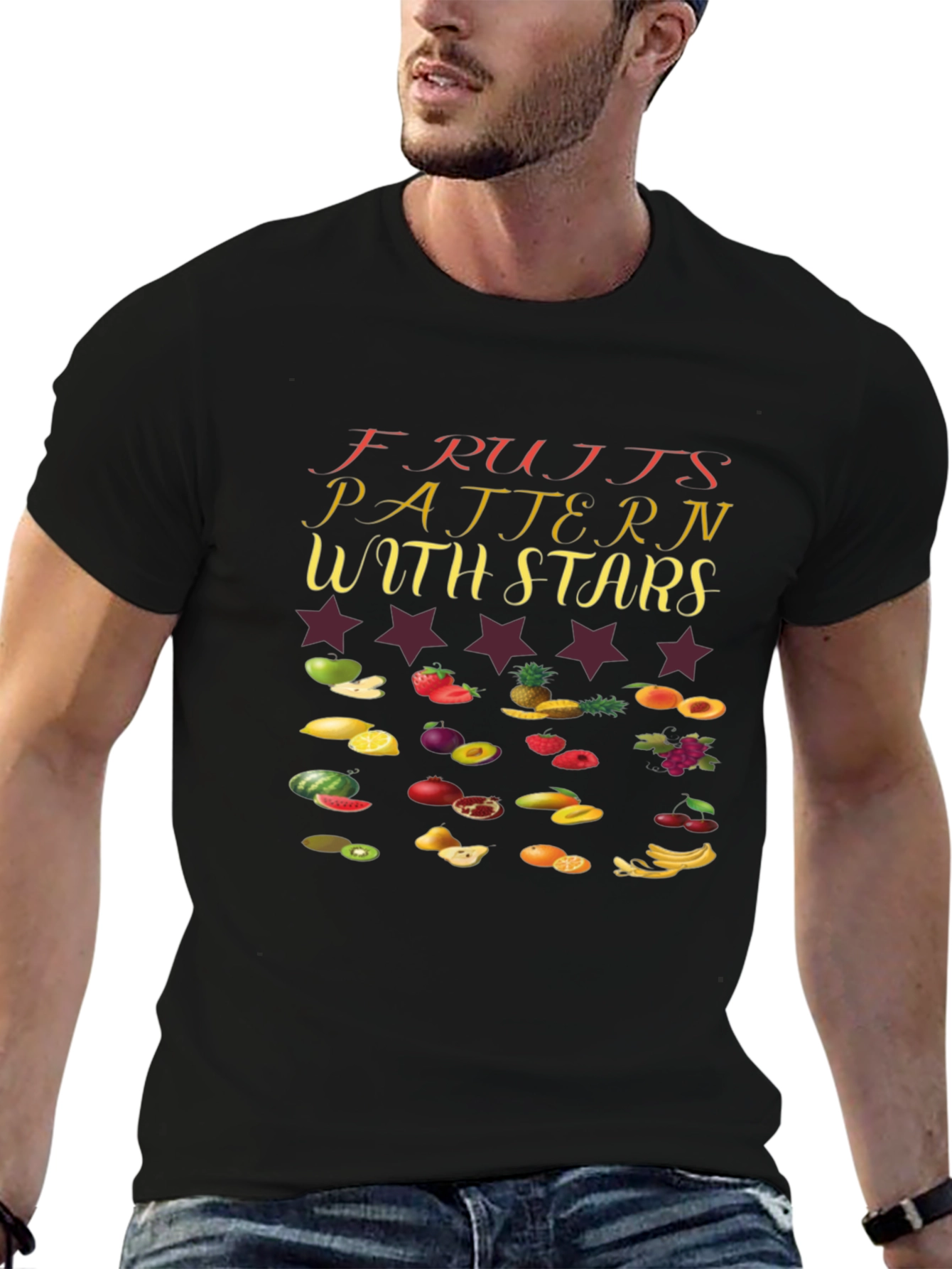 Fruits Pattern with Stars Black T-Shirt
