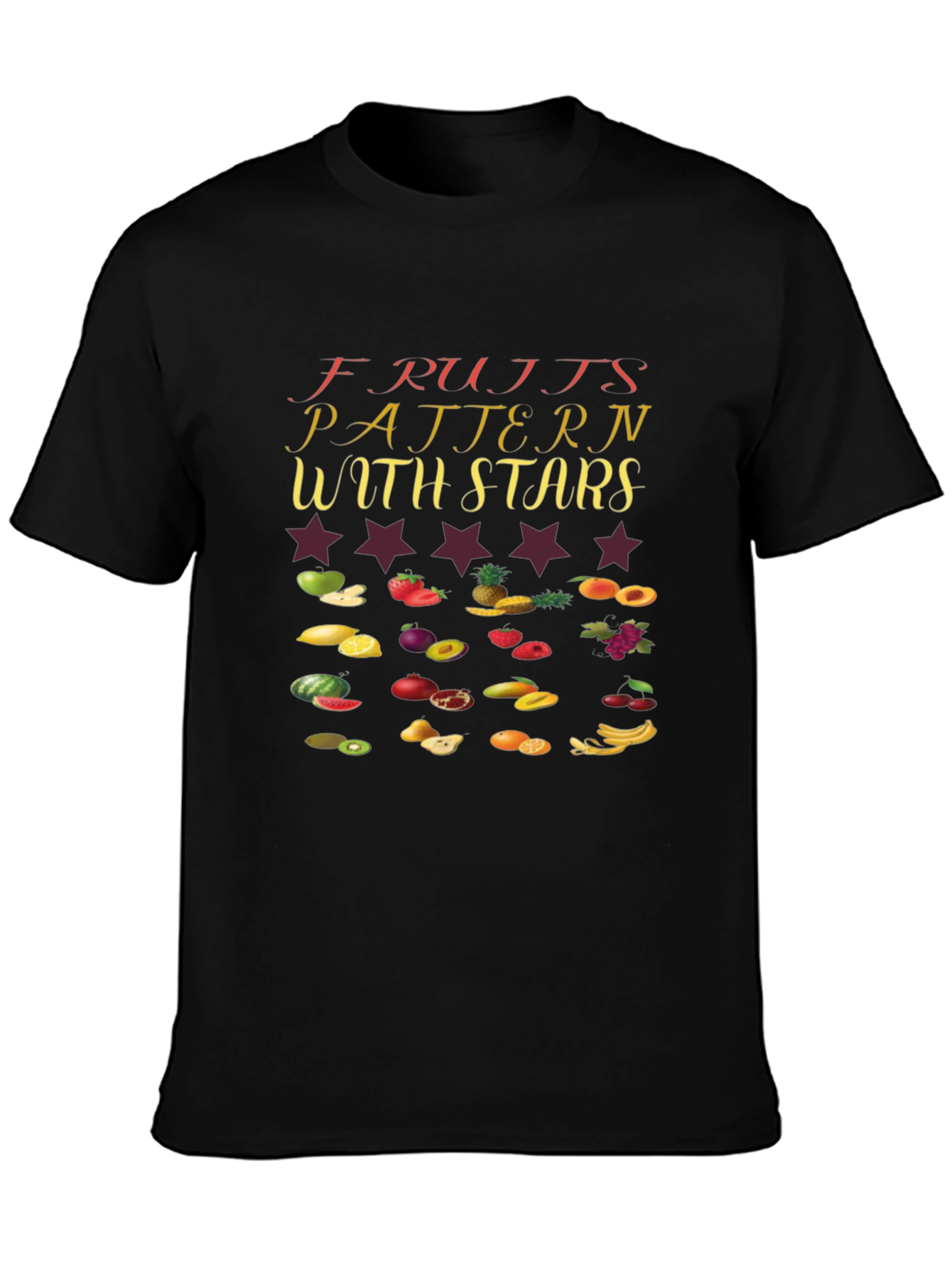 Fruits Pattern with Stars Black T-Shirt