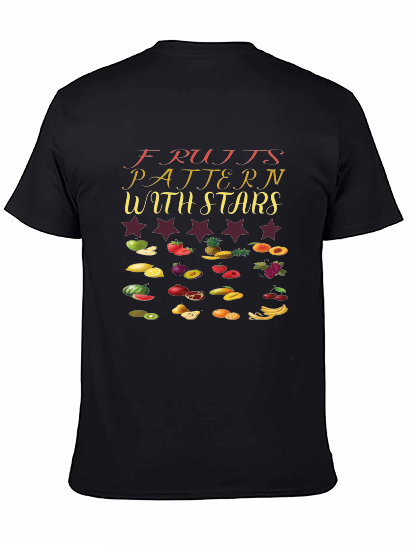 Fruits Pattern with Stars Black T-Shirt