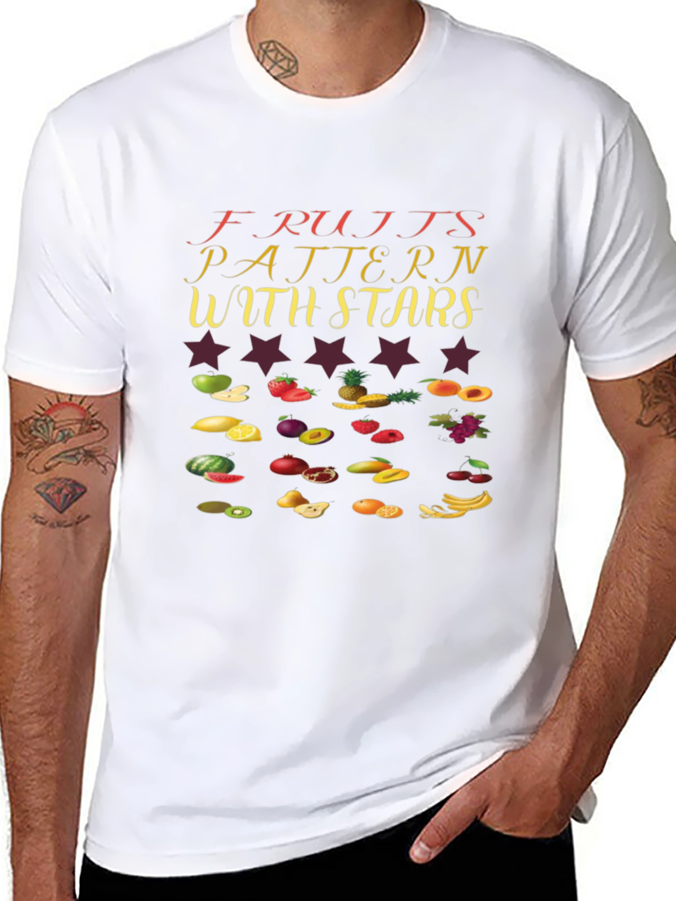 Fruits Pattern with Stars Black T-Shirt