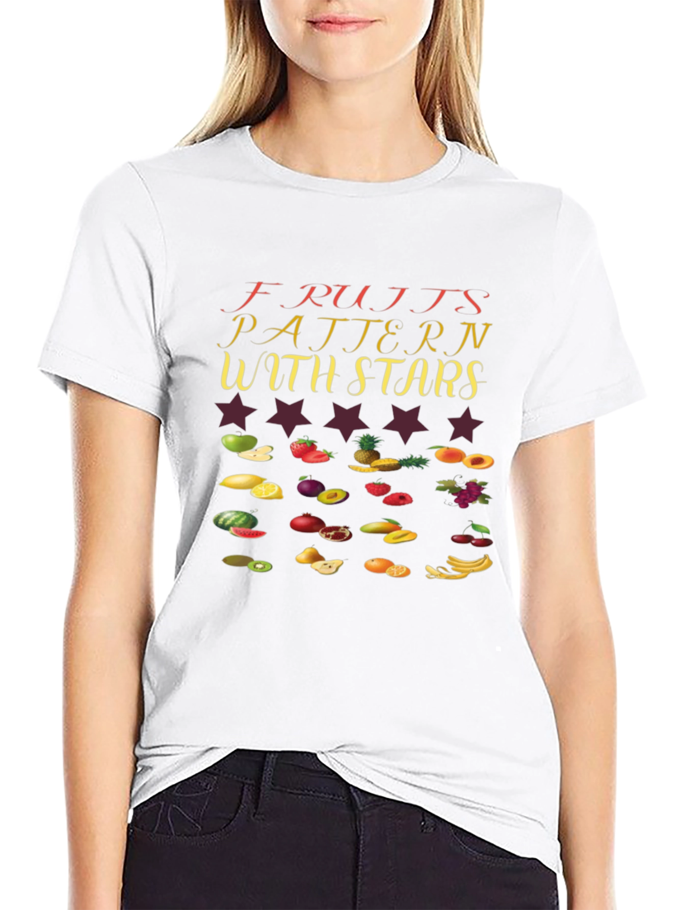 Fruits Pattern with Stars Black T-Shirt