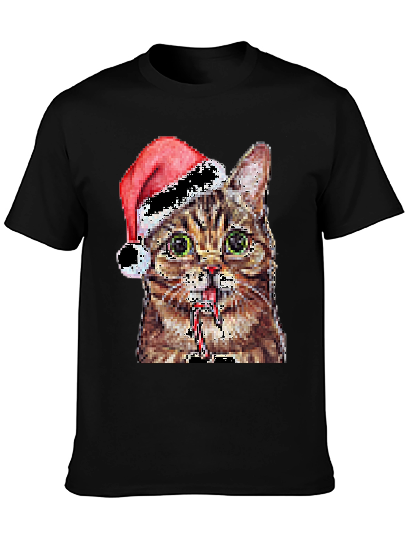 Pixelated Cat with Santa Hat Black T-Shirt