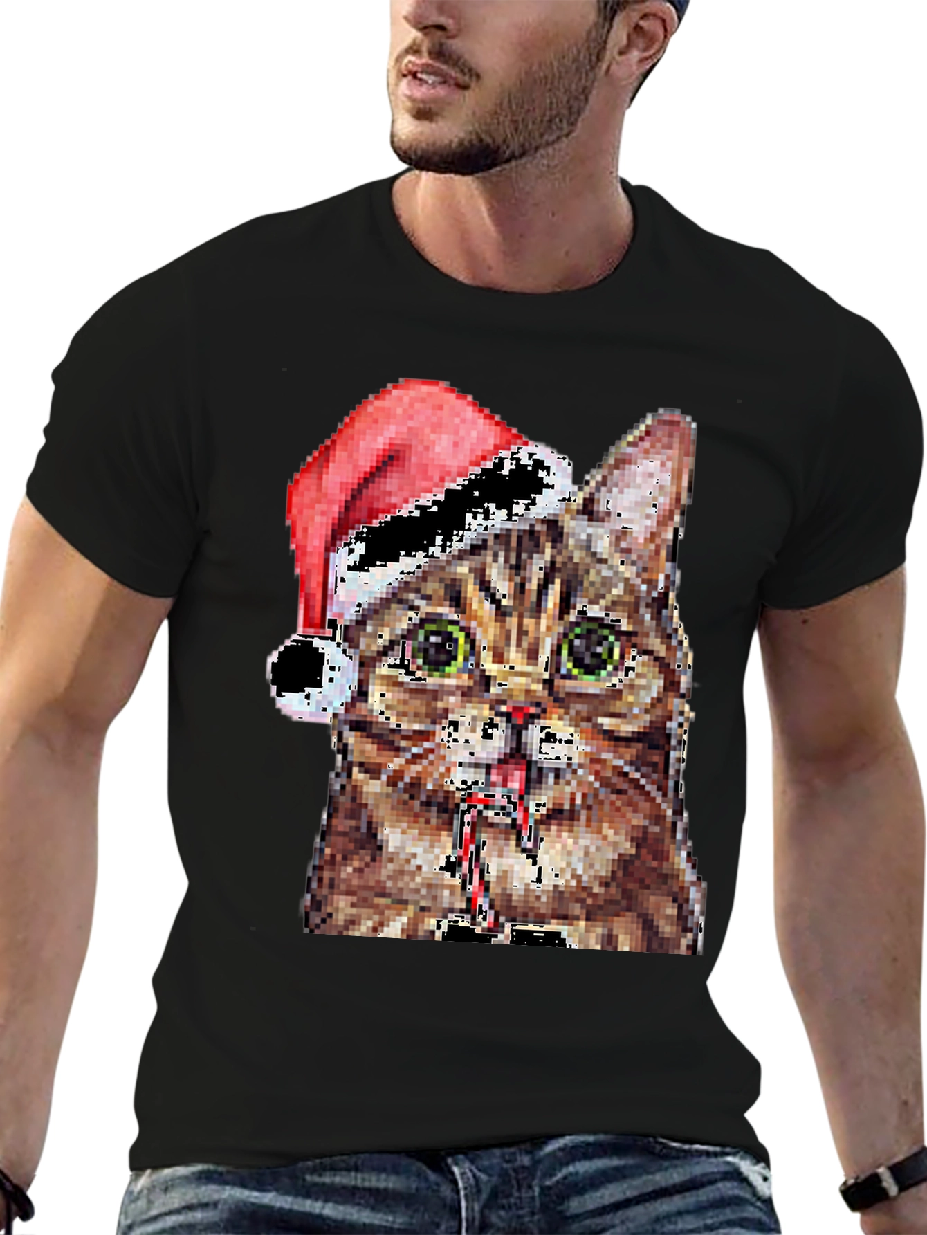Pixelated Cat with Santa Hat Black T-Shirt