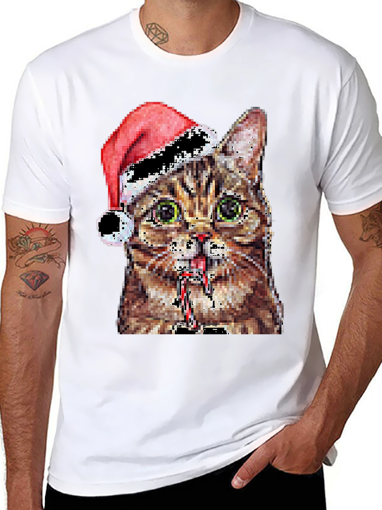 Pixelated Cat with Santa Hat Black T-Shirt