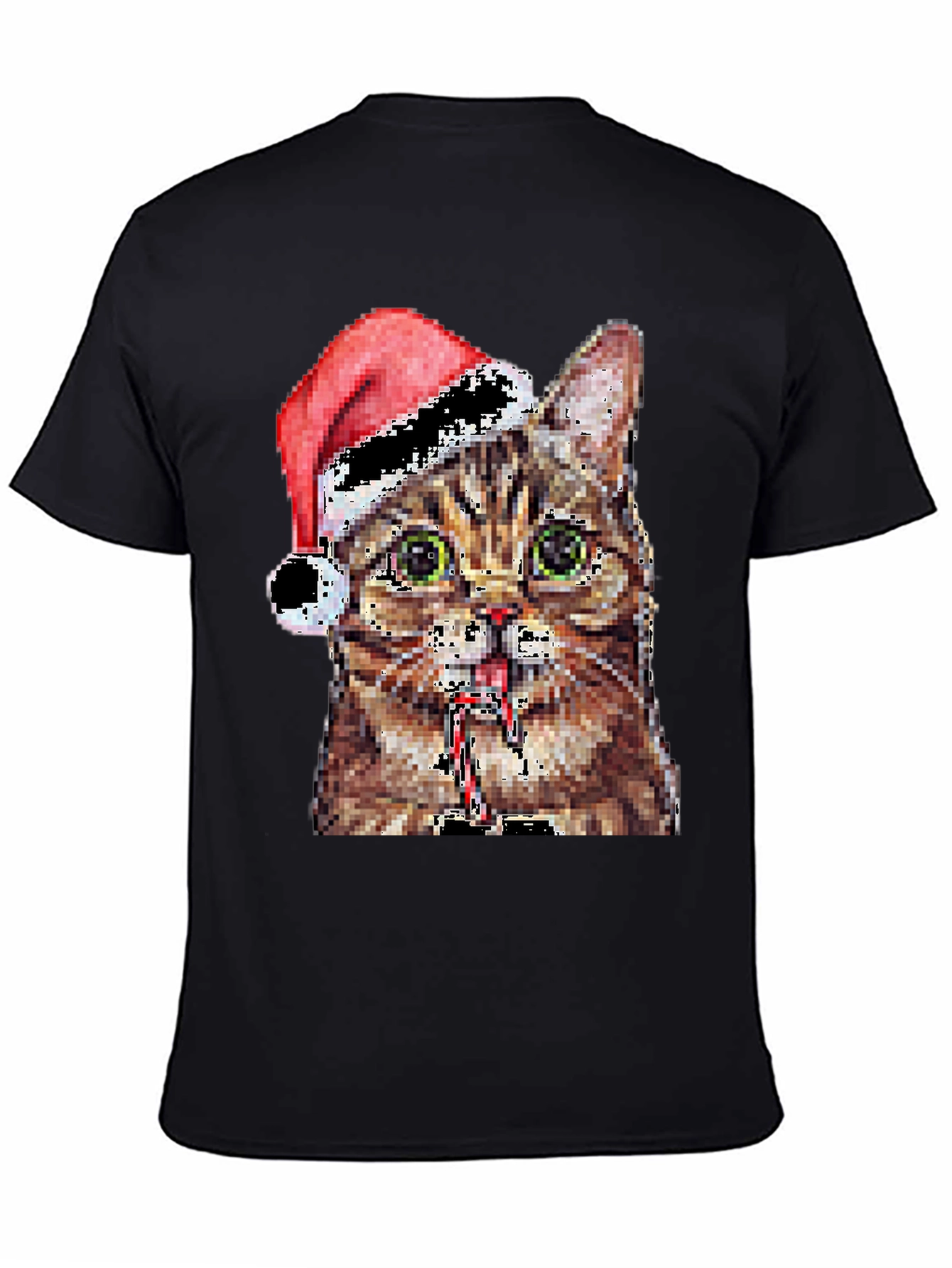 Pixelated Cat with Santa Hat Black T-Shirt