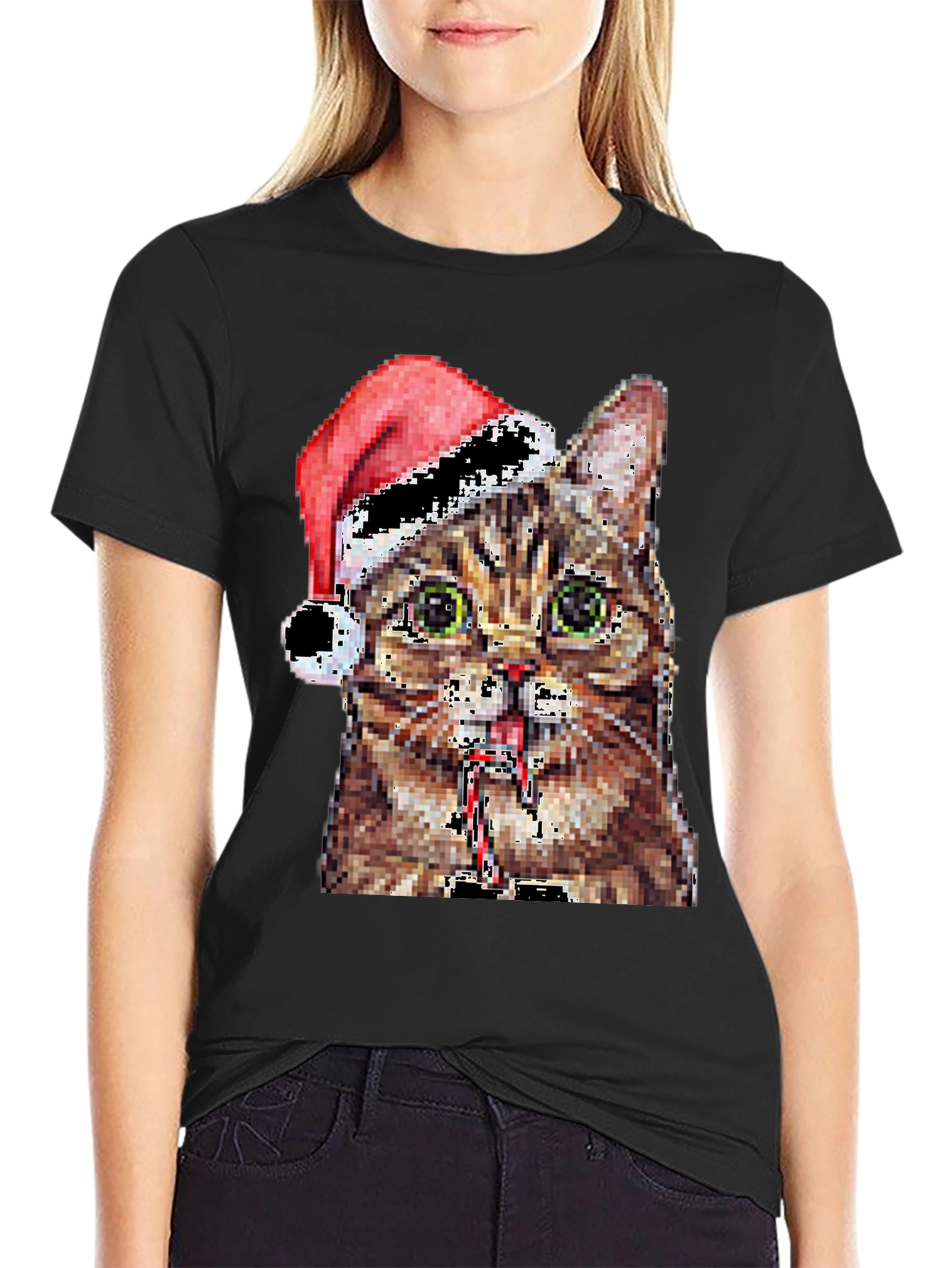 Pixelated Cat with Santa Hat Black T-Shirt