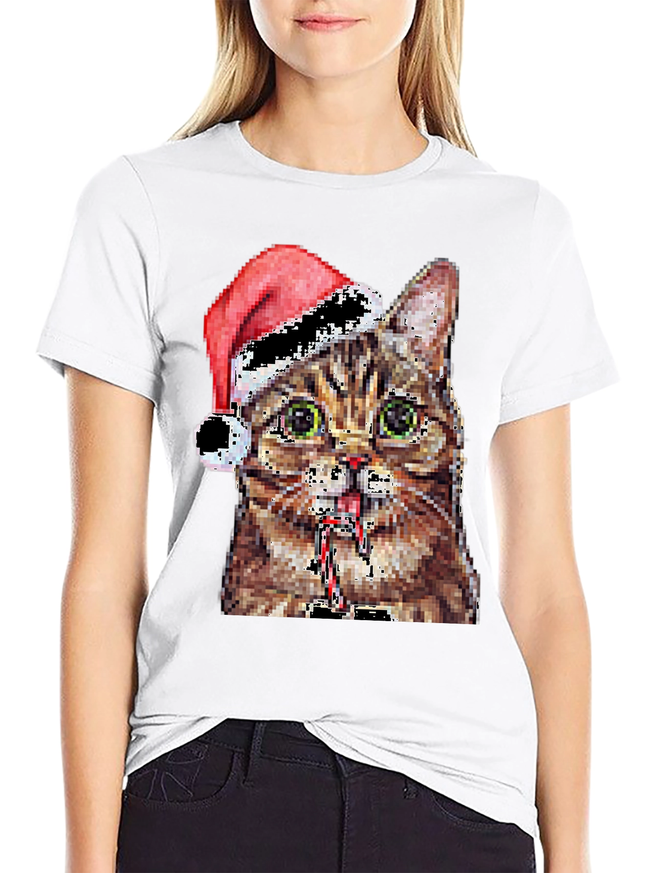 Pixelated Cat with Santa Hat Black T-Shirt