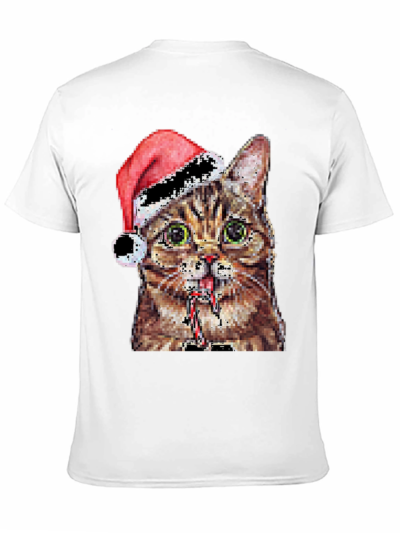 Pixelated Cat with Santa Hat Black T-Shirt