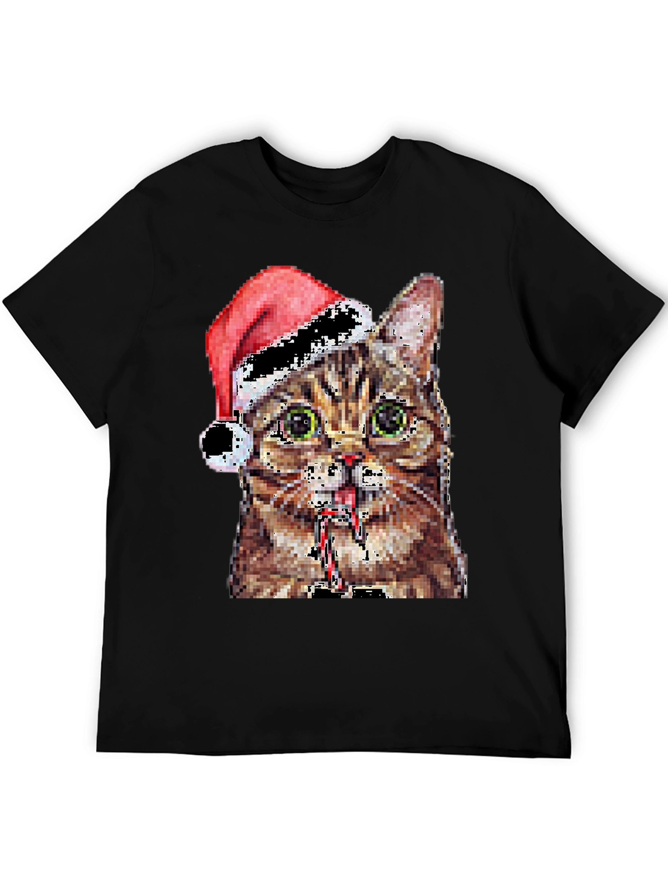 Pixelated Cat with Santa Hat Black T-Shirt