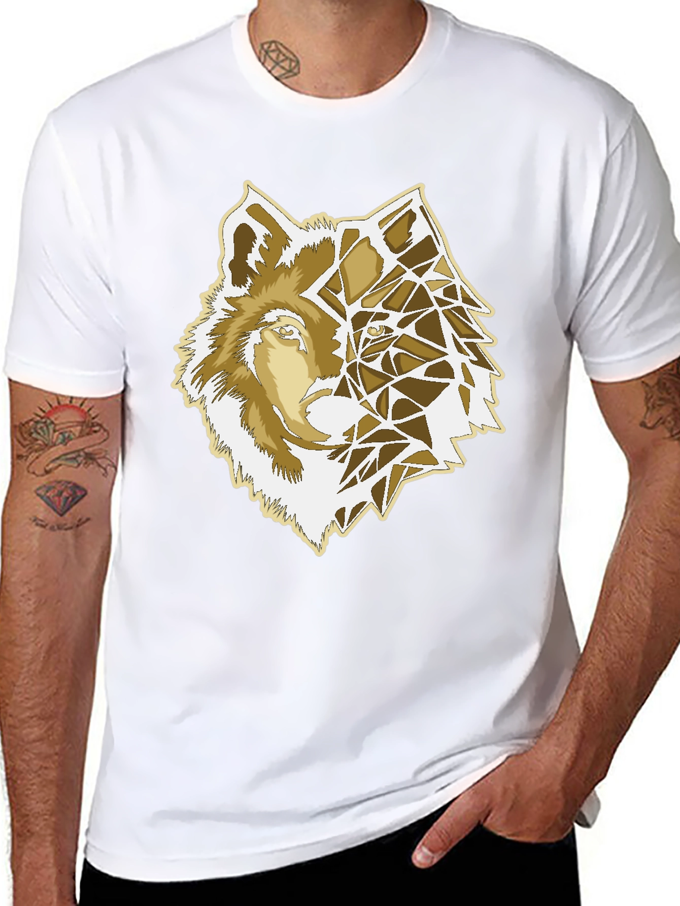 Geometric Wolf Graphic Print Black T-Shirt