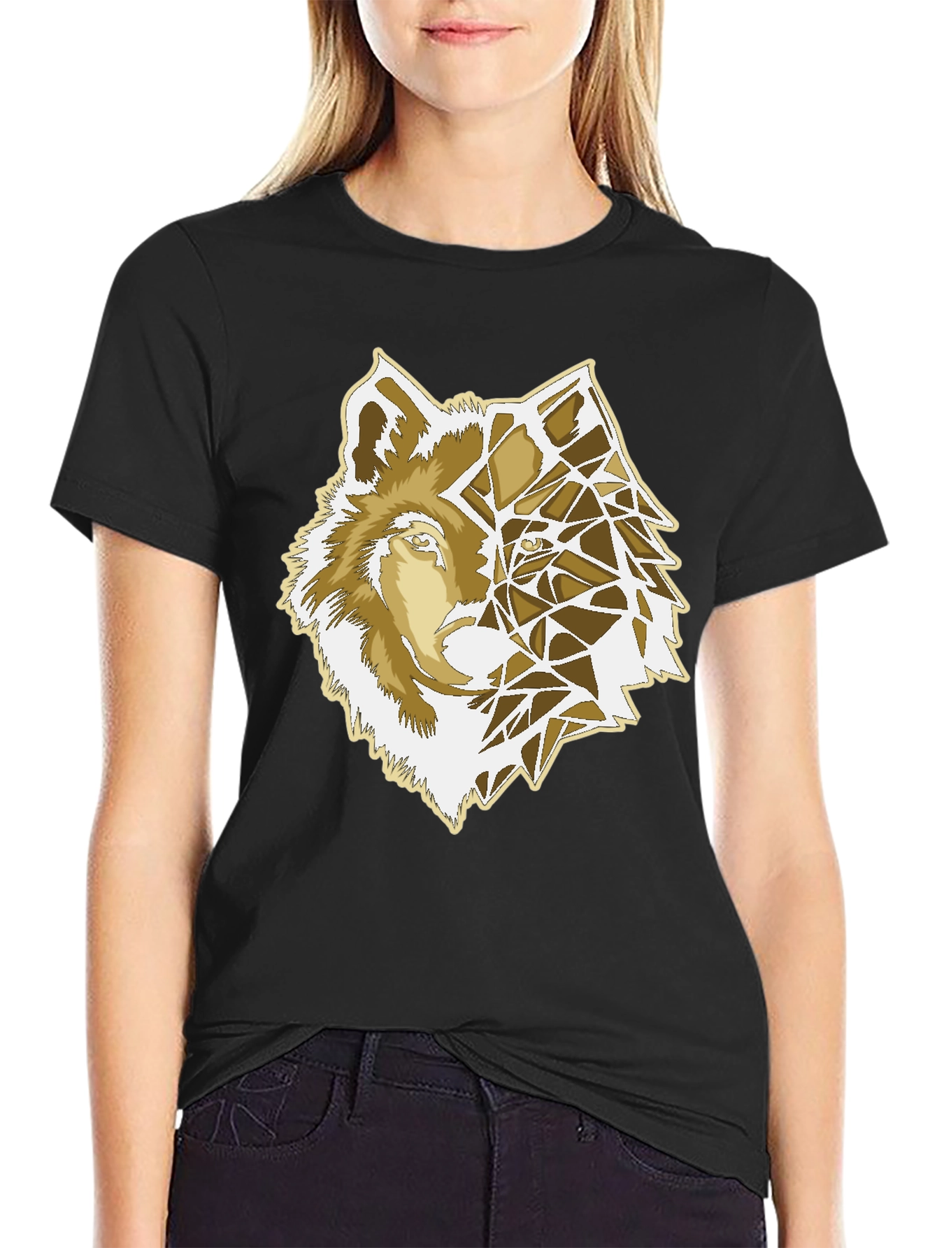 Geometric Wolf Graphic Print Black T-Shirt