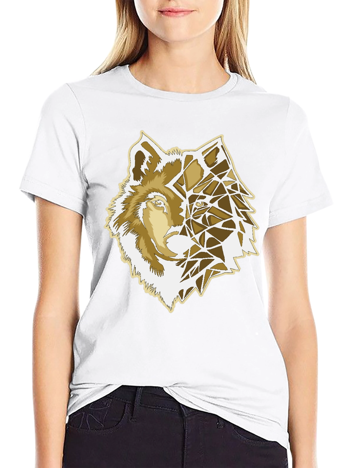 Geometric Wolf Graphic Print Black T-Shirt