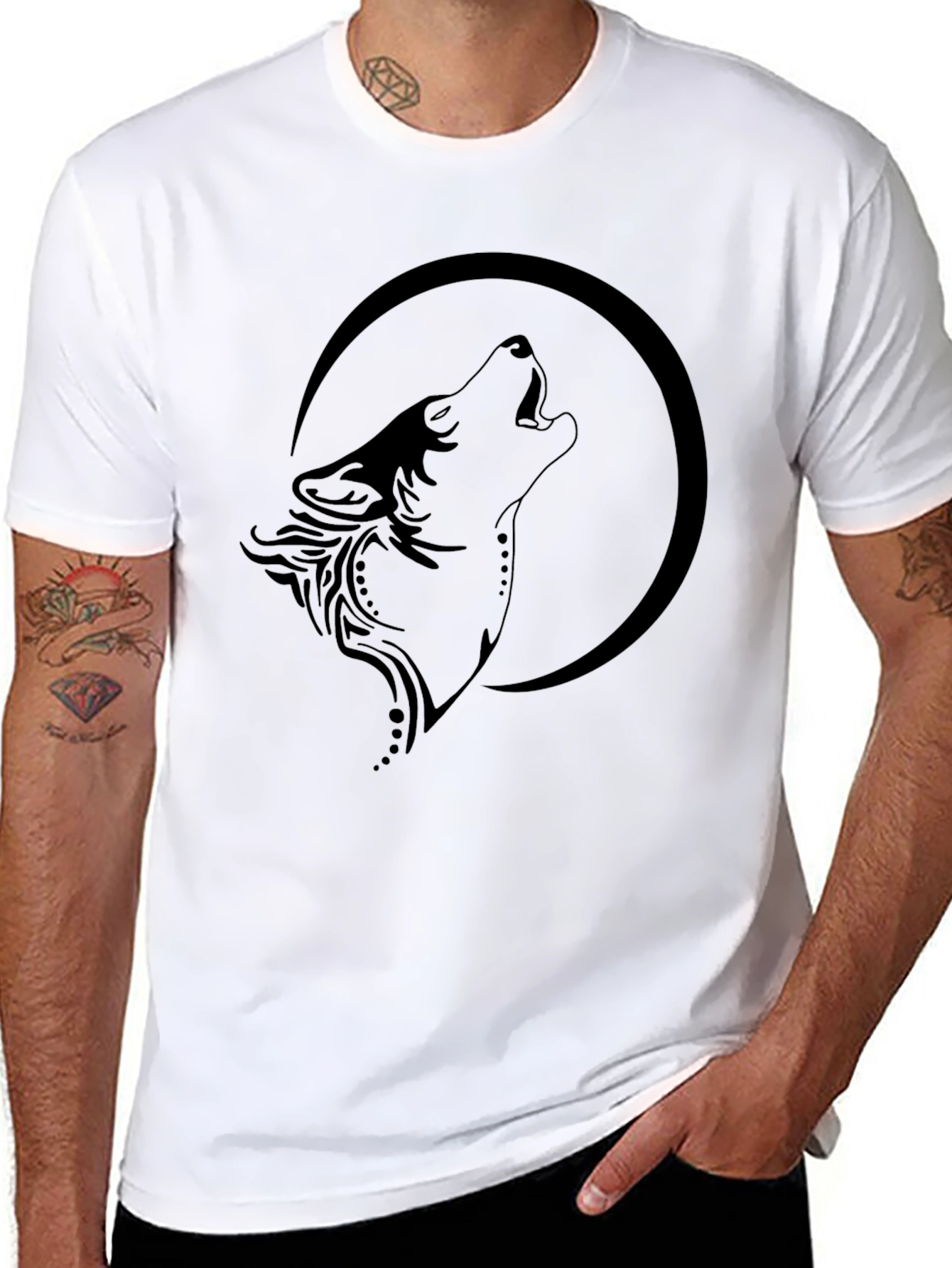 Wolf Howling at Moon Graphic Black T-Shirt