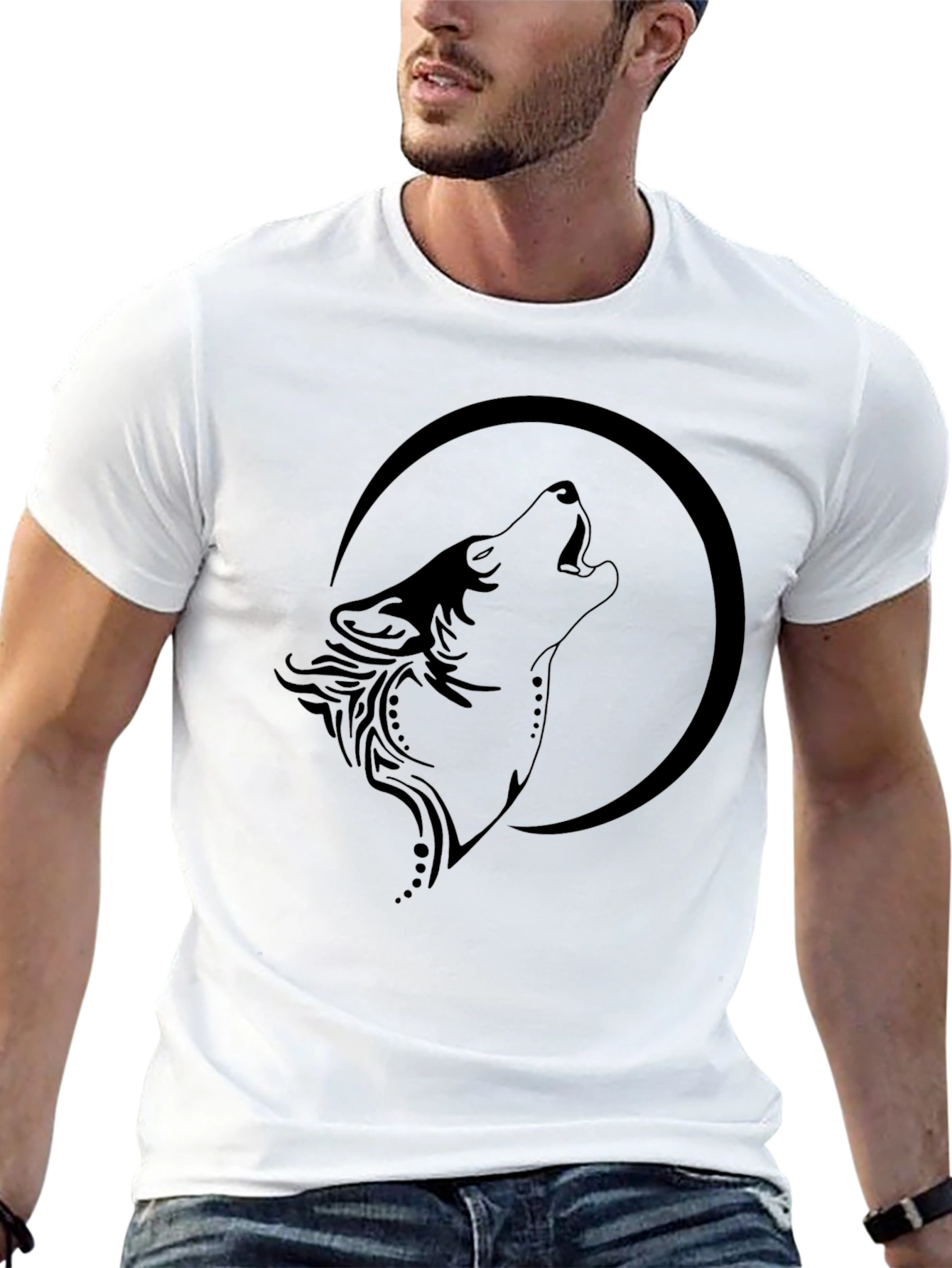 Wolf Howling at Moon Graphic Black T-Shirt