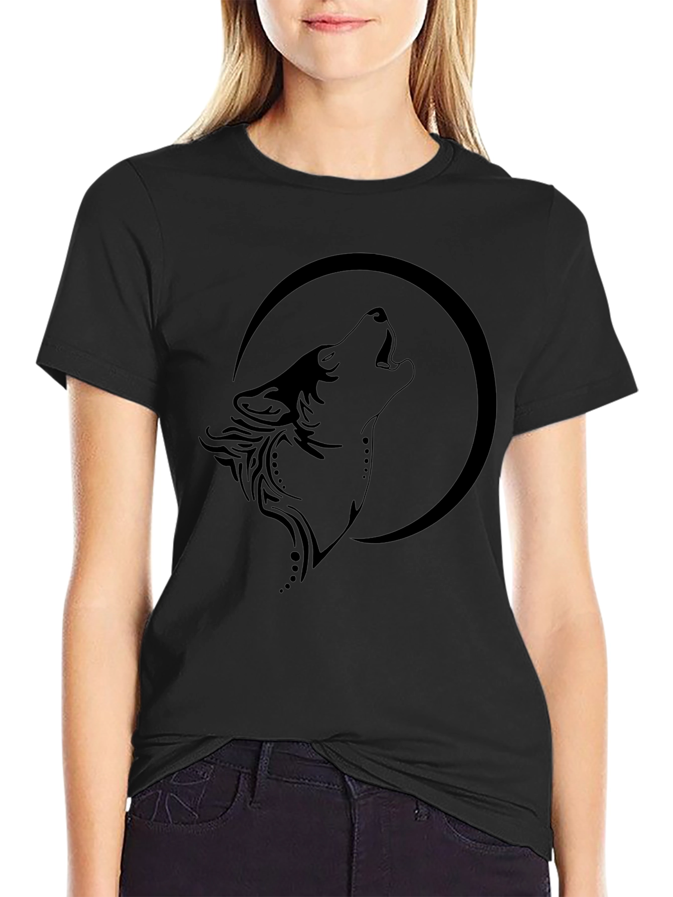 Wolf Howling at Moon Graphic Black T-Shirt