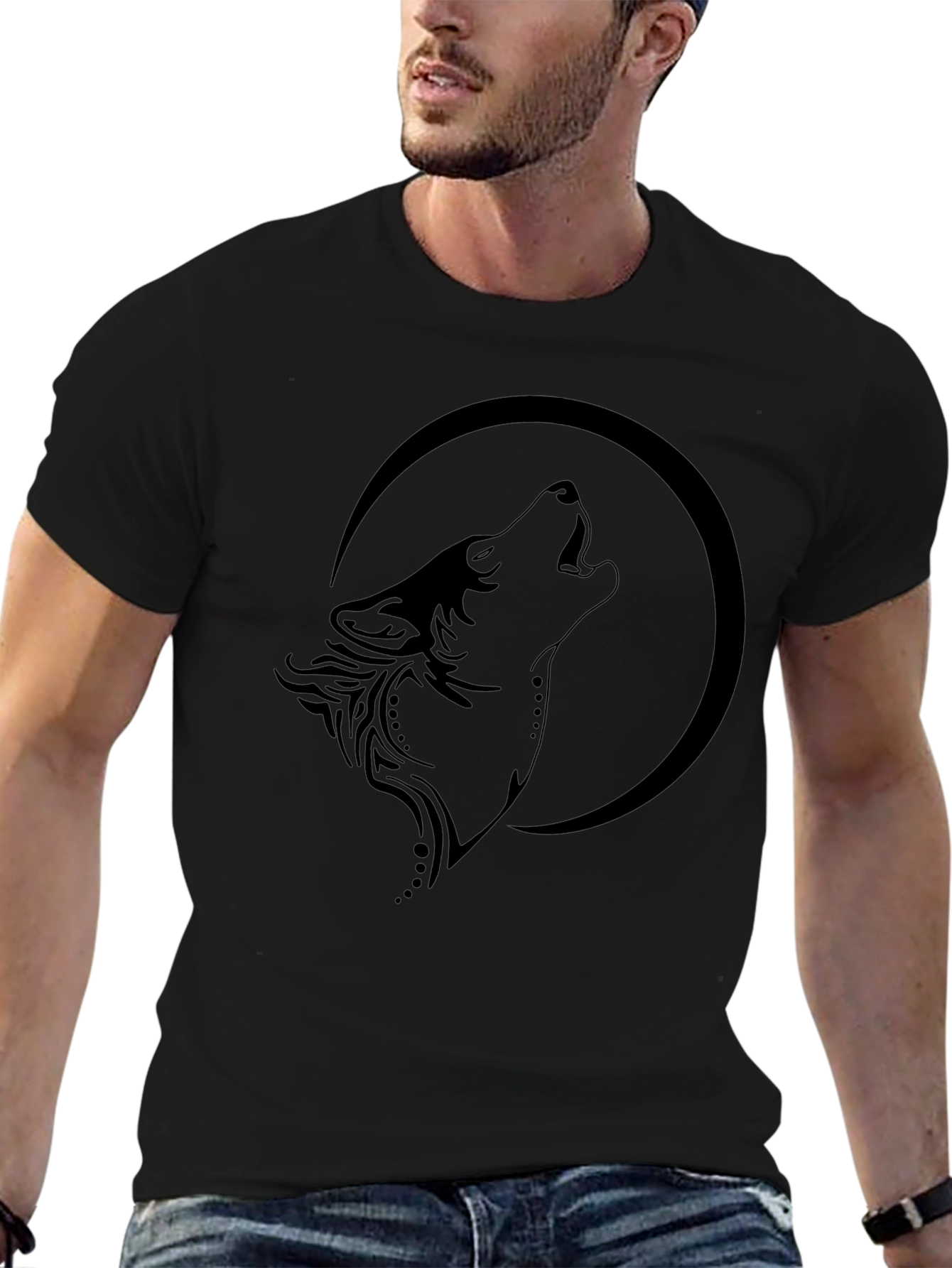 Wolf Howling at Moon Graphic Black T-Shirt
