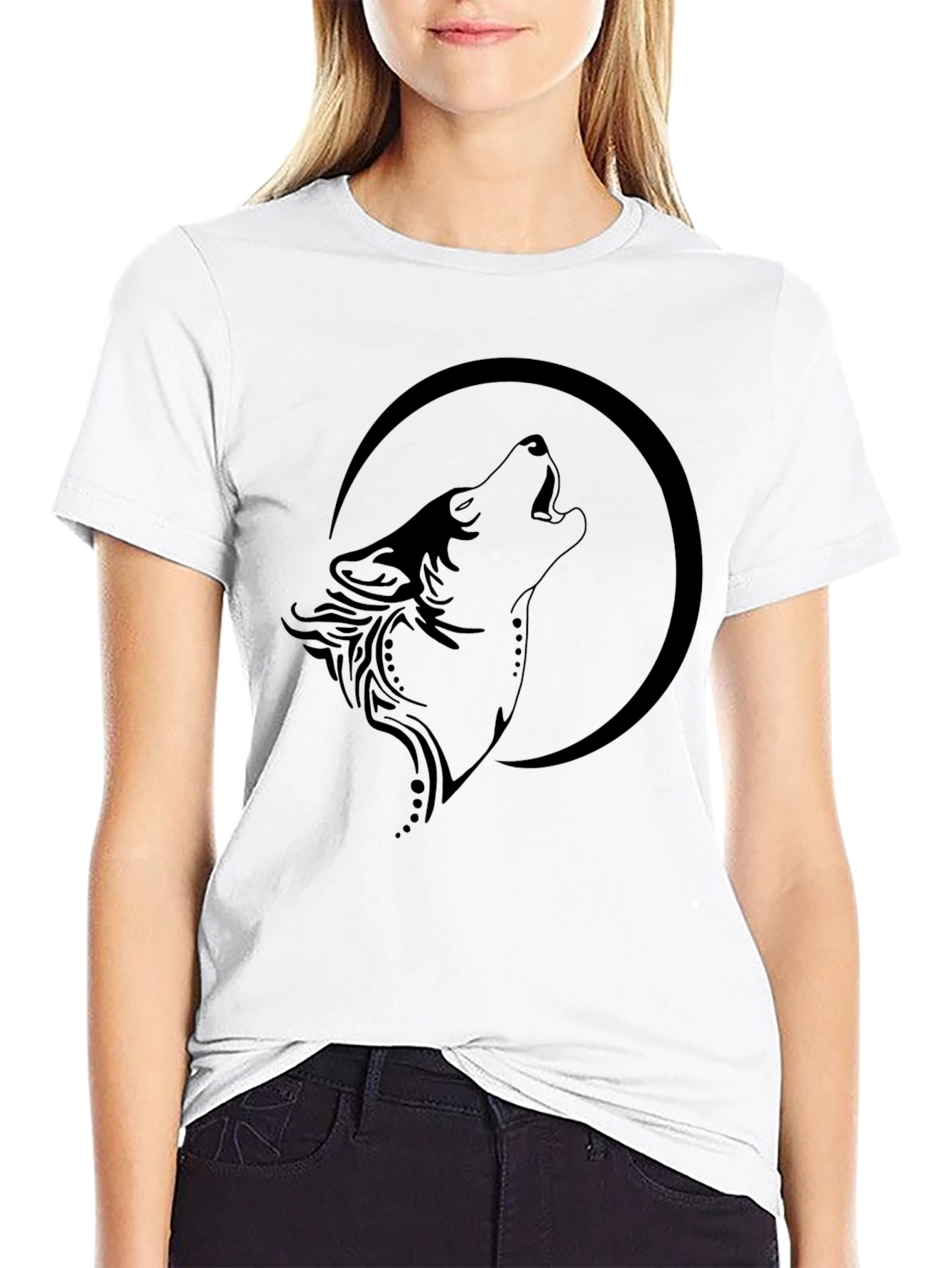 Wolf Howling at Moon Graphic Black T-Shirt