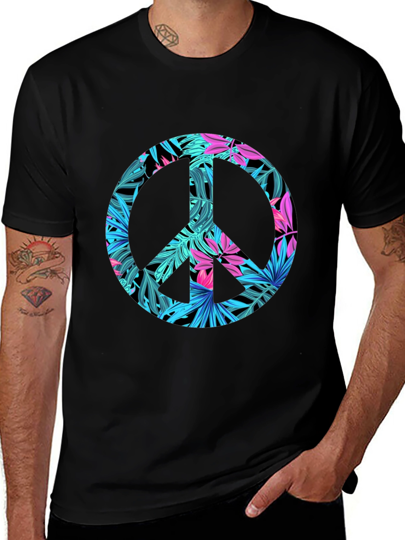 Tropical Peace Sign Black T-Shirt
