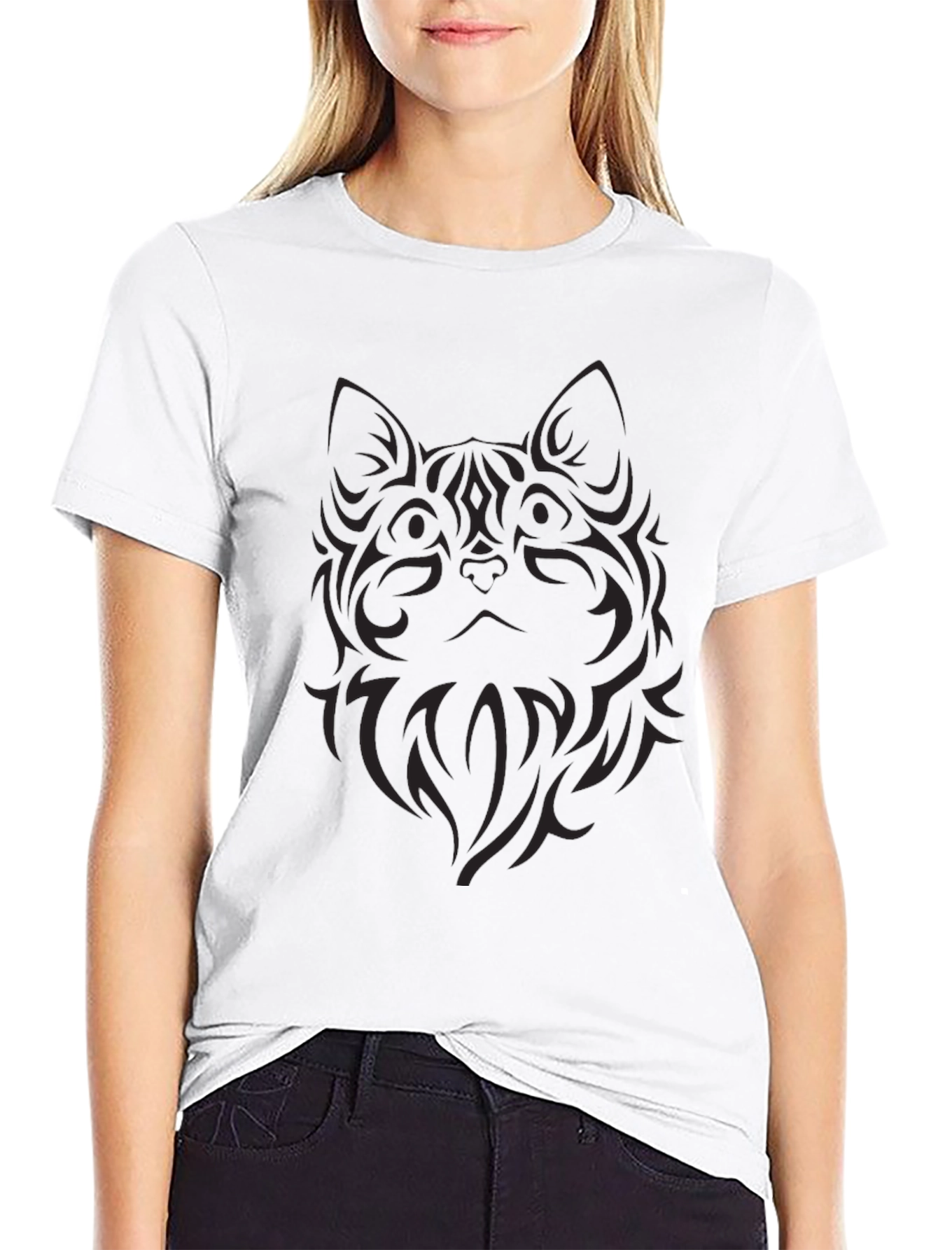 Mens Black Tribal Cat Graphic T-Shirt