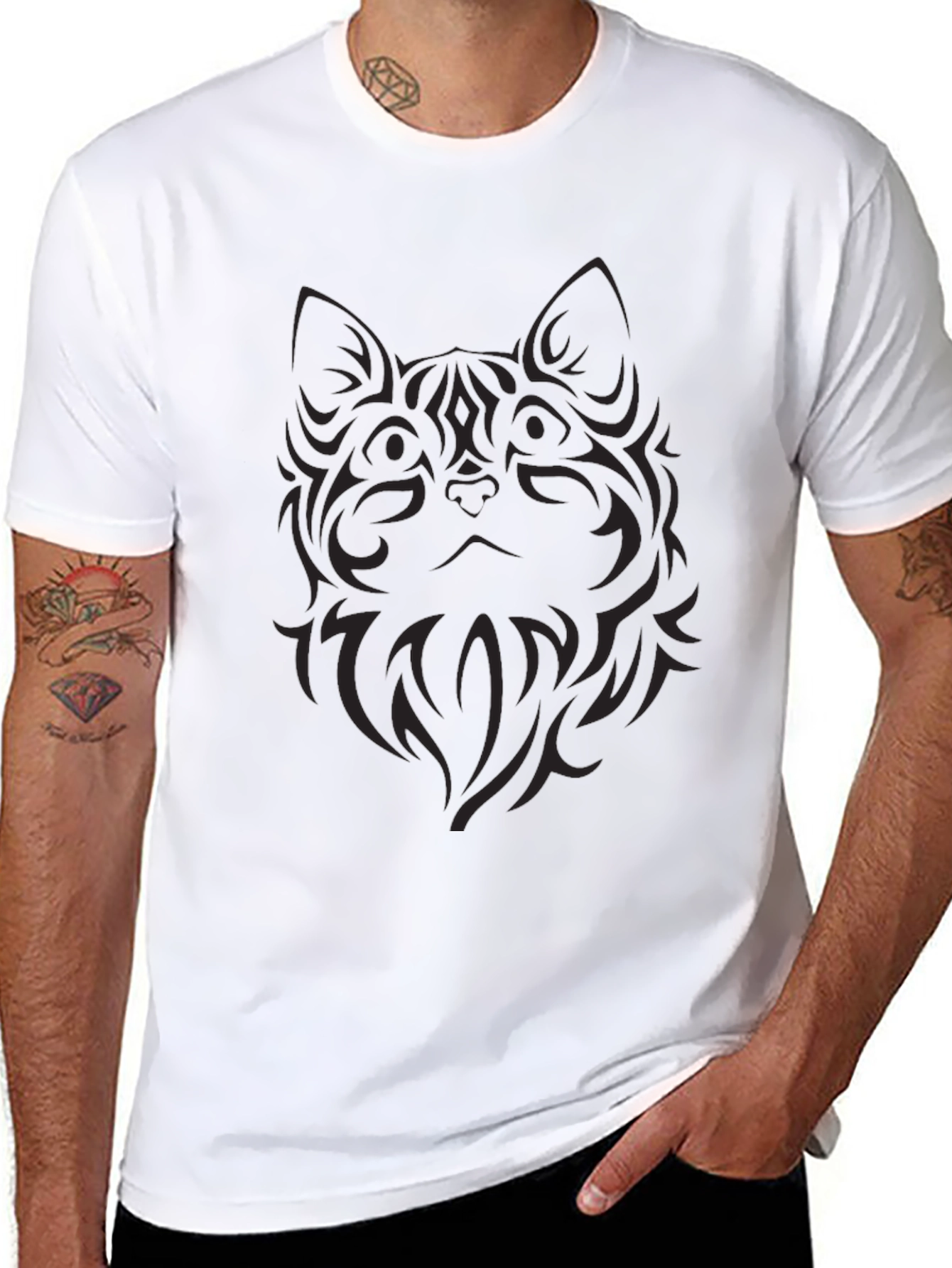 Mens Black Tribal Cat Graphic T-Shirt