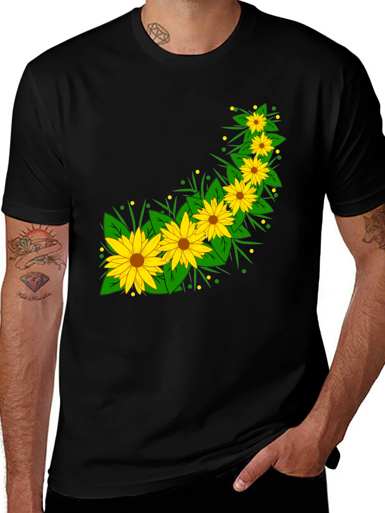 Sunflower Print Black T-Shirt