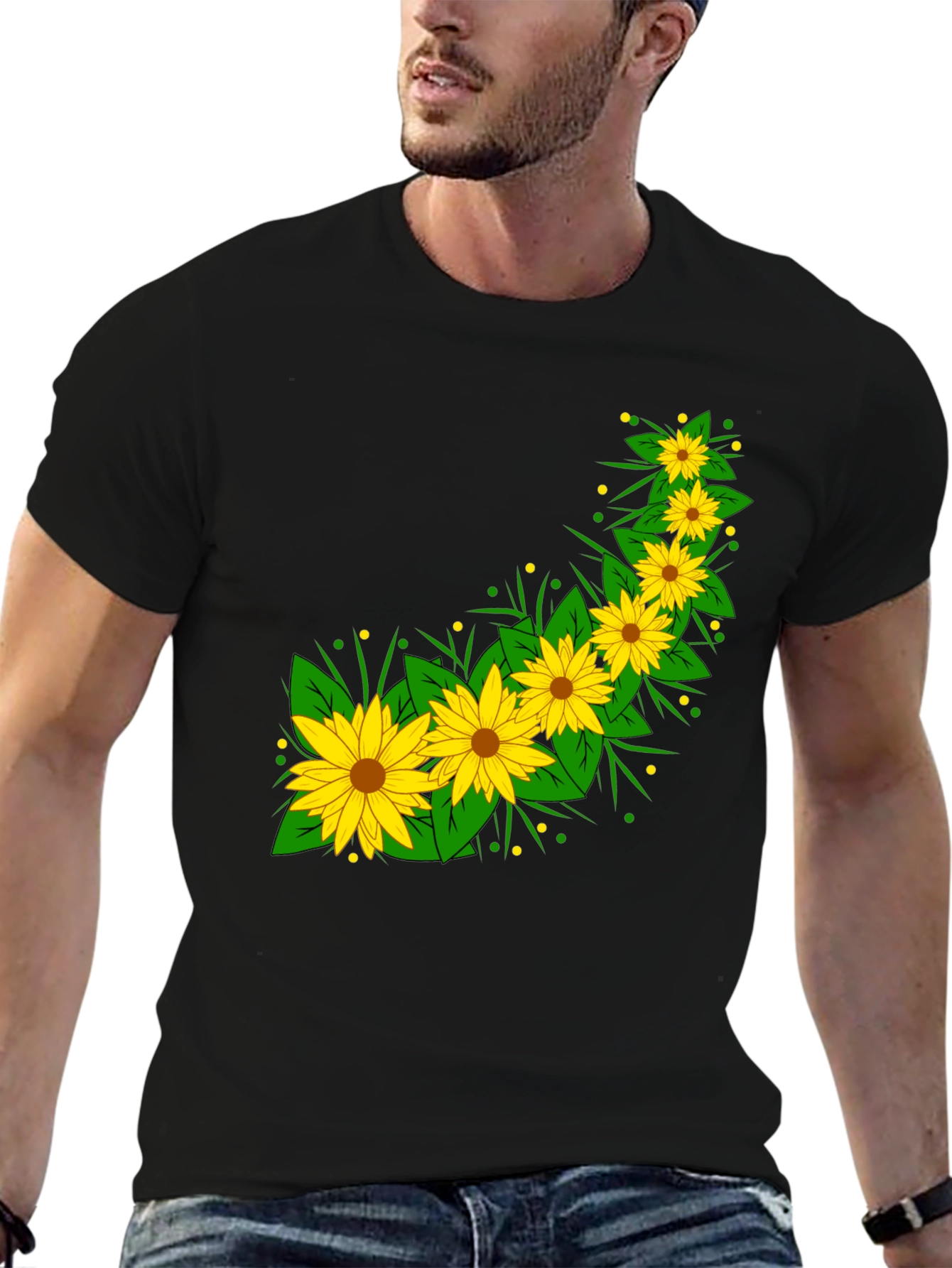 Sunflower Print Black T-Shirt