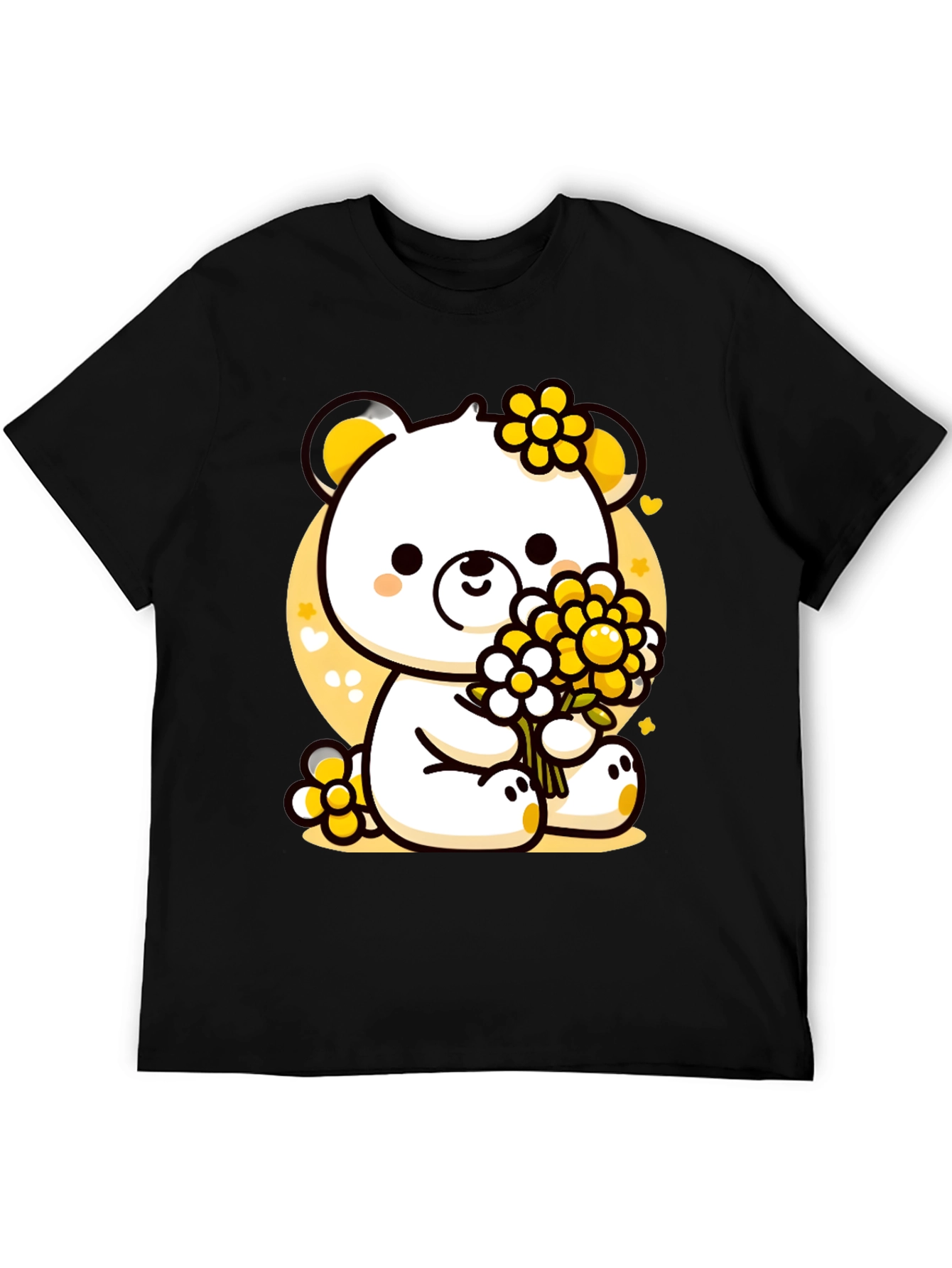 Cute Bear with Flowers Black T-Shirt