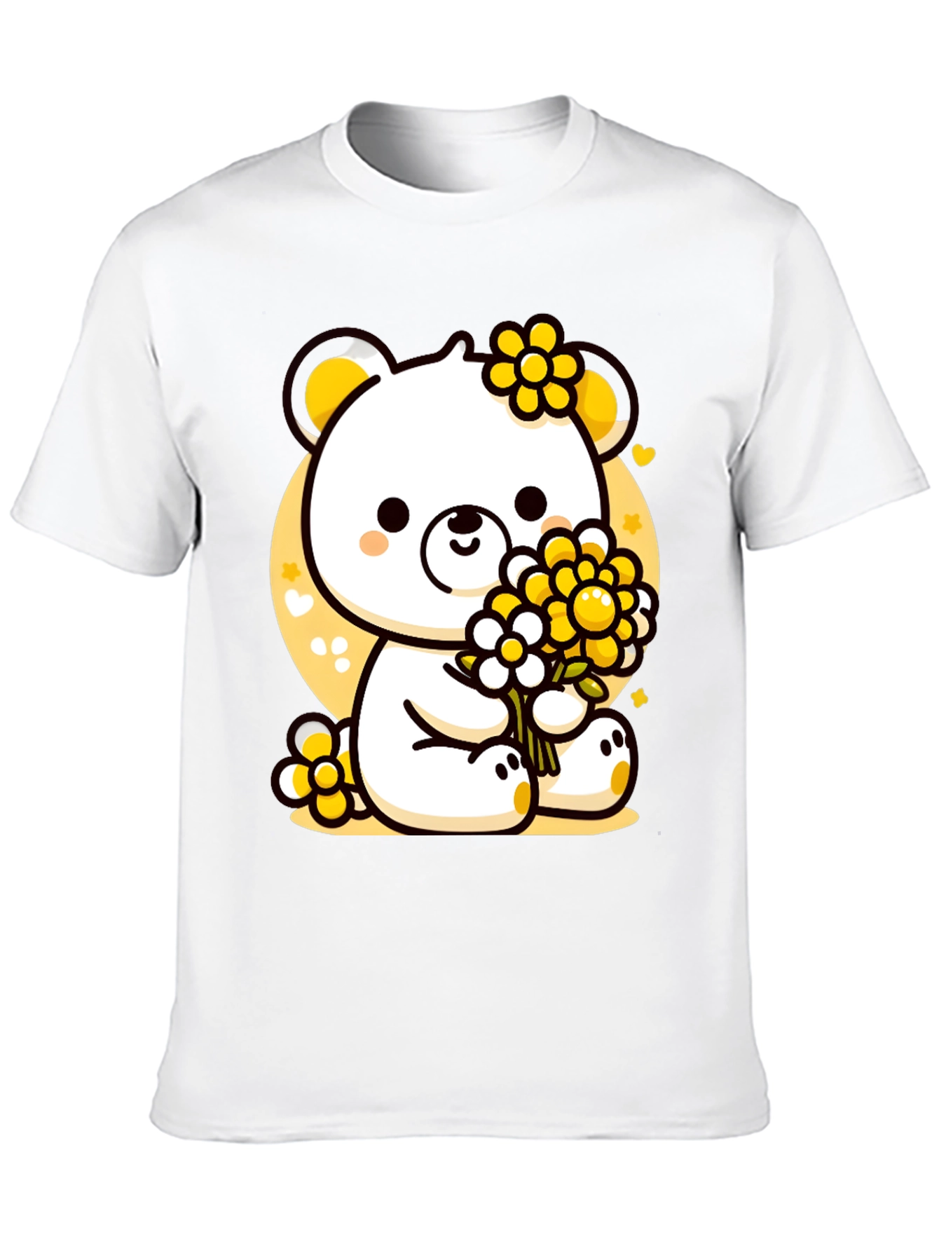 Cute Bear with Flowers Black T-Shirt