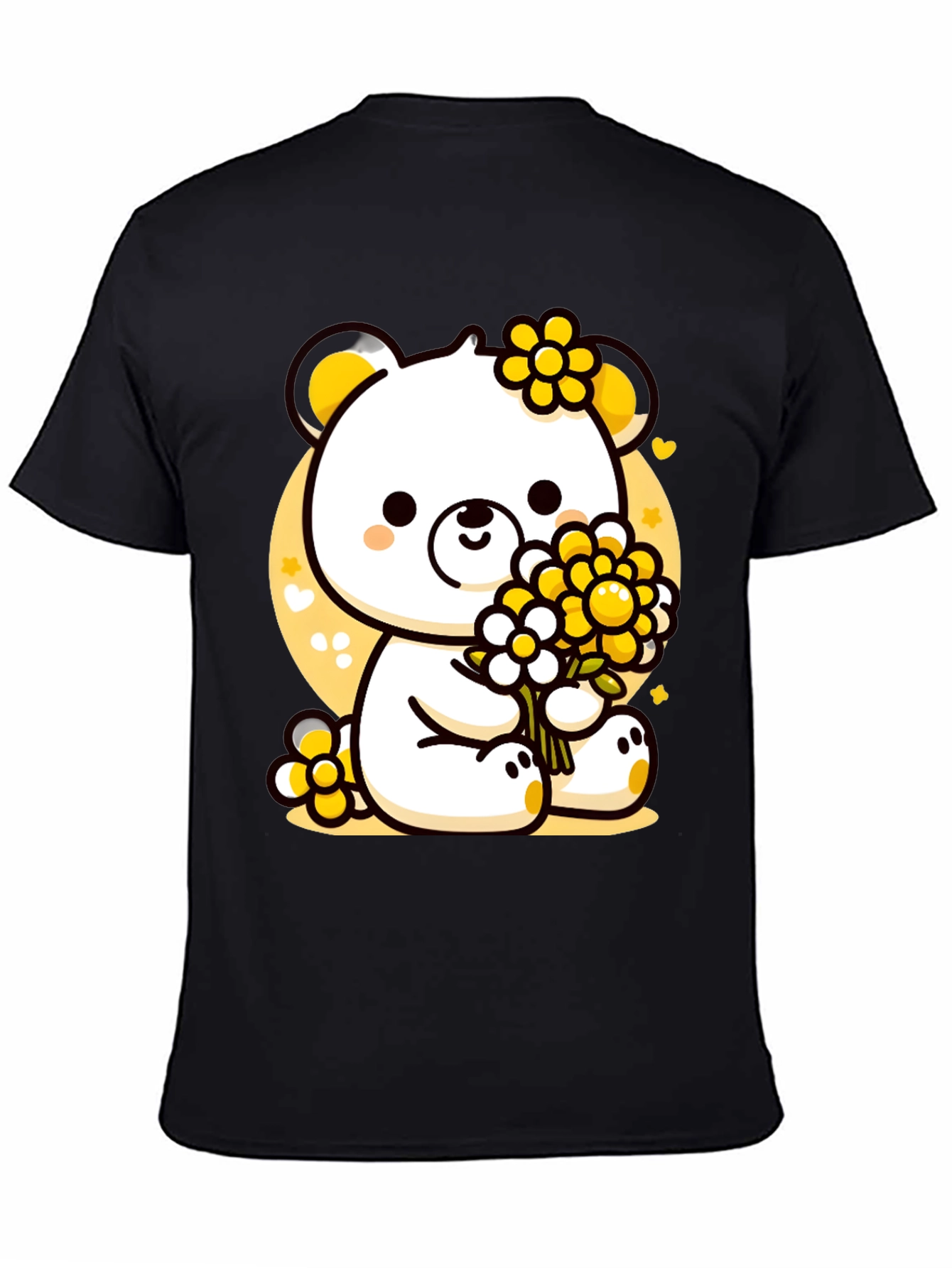 Cute Bear with Flowers Black T-Shirt