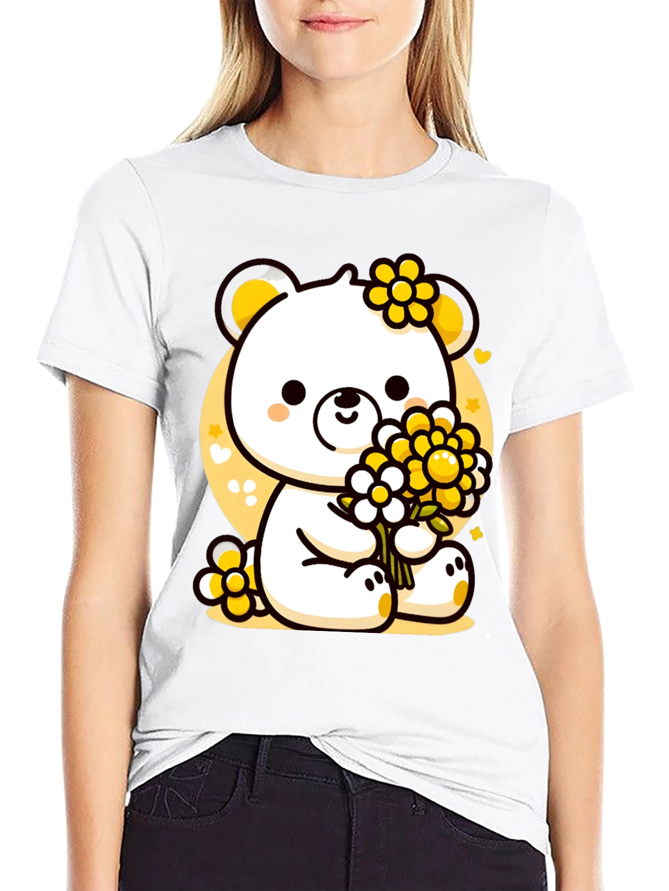 Cute Bear with Flowers Black T-Shirt