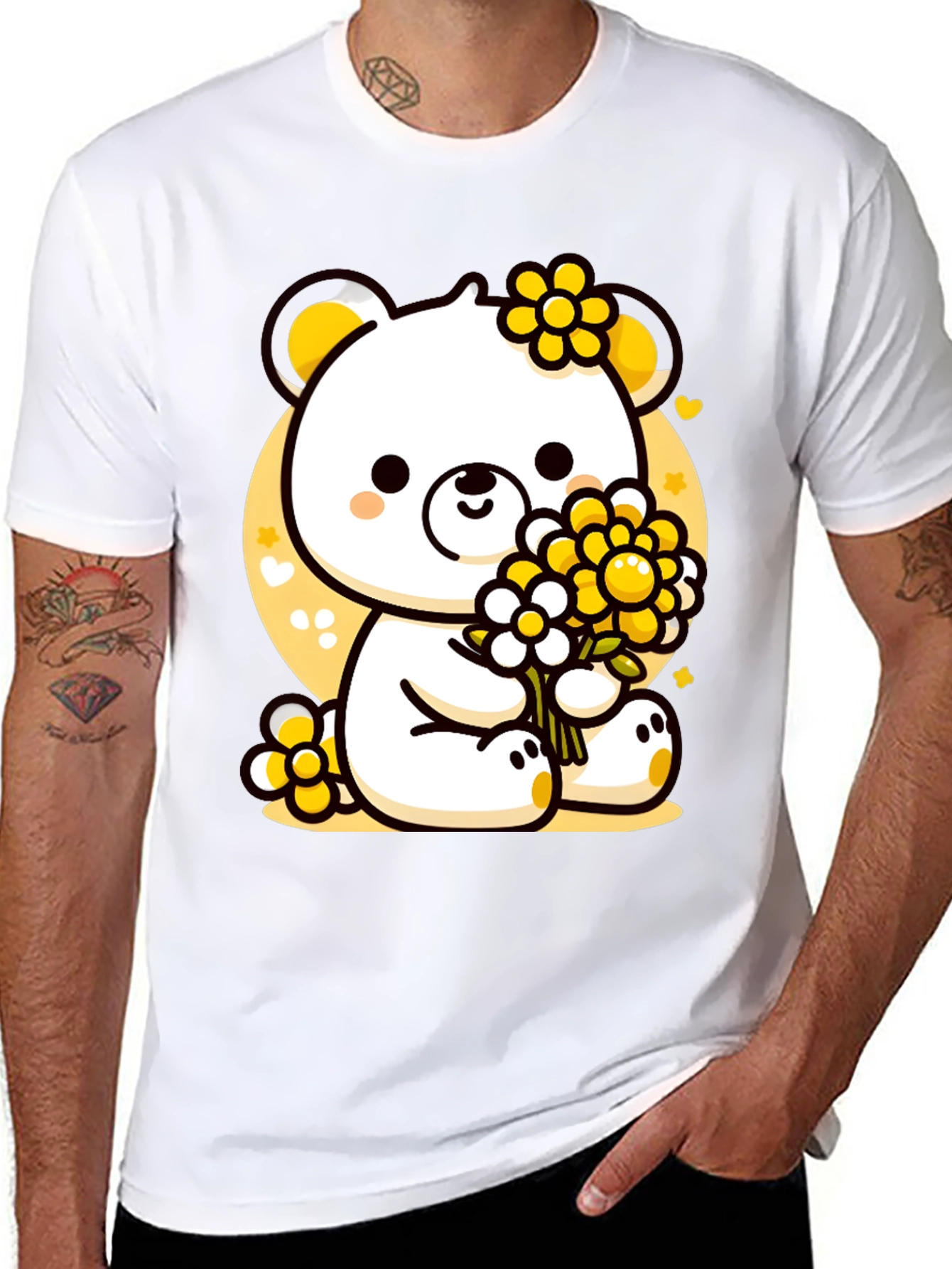 Cute Bear with Flowers Black T-Shirt