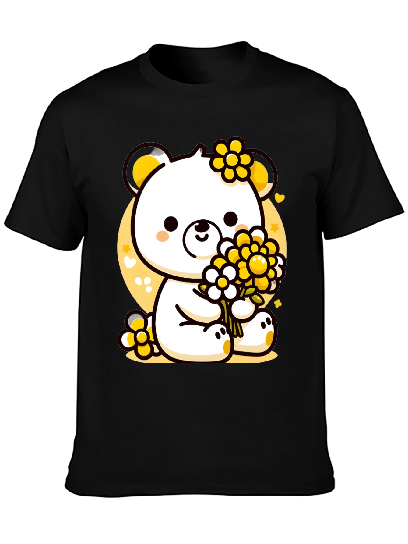 Cute Bear with Flowers Black T-Shirt
