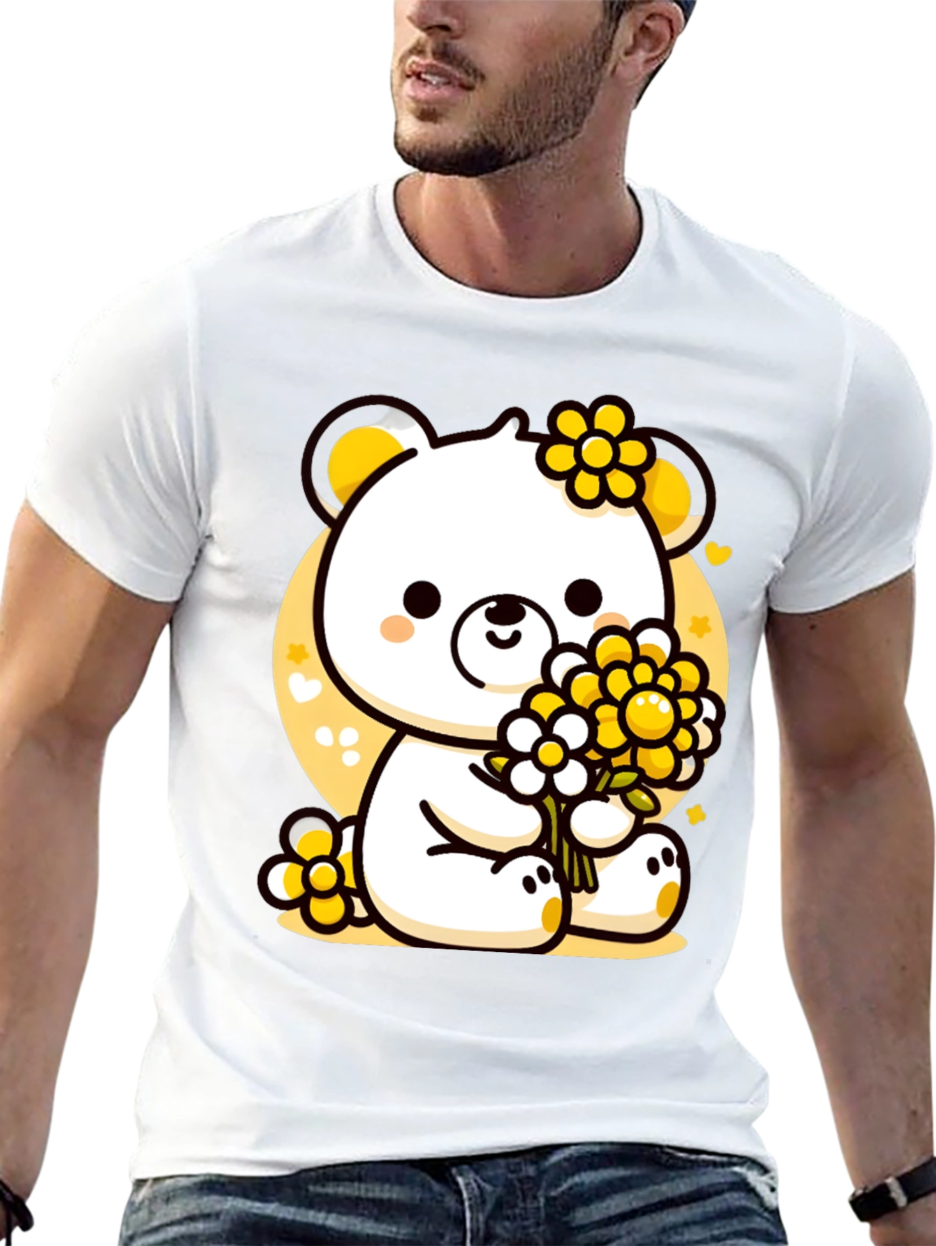 Cute Bear with Flowers Black T-Shirt