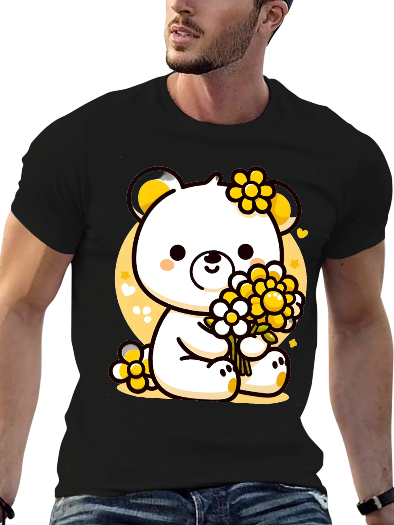 Cute Bear with Flowers Black T-Shirt