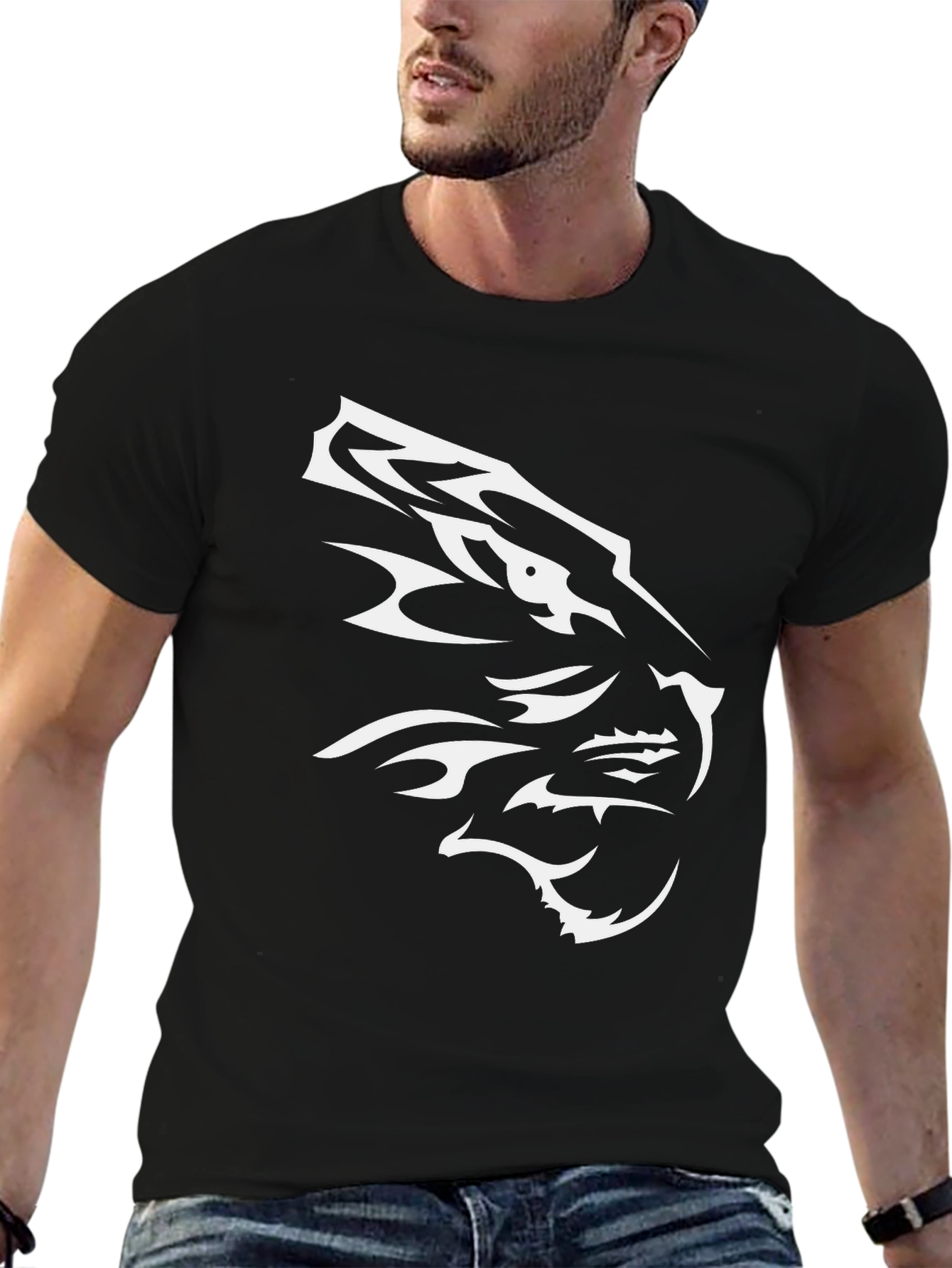 Black T-Shirt with White Tiger Design