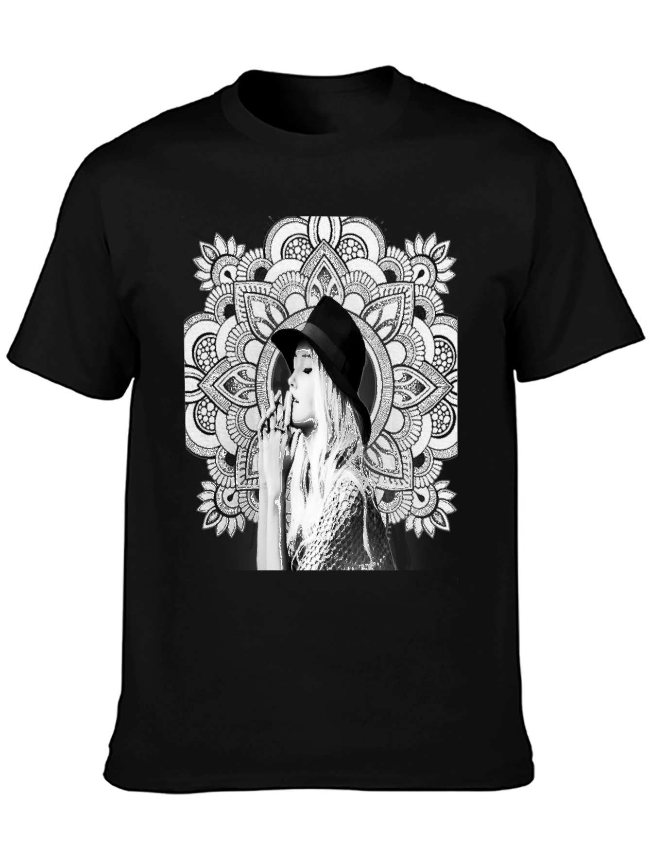 Black Graphic Tee - Mandala Art Woman Portrait