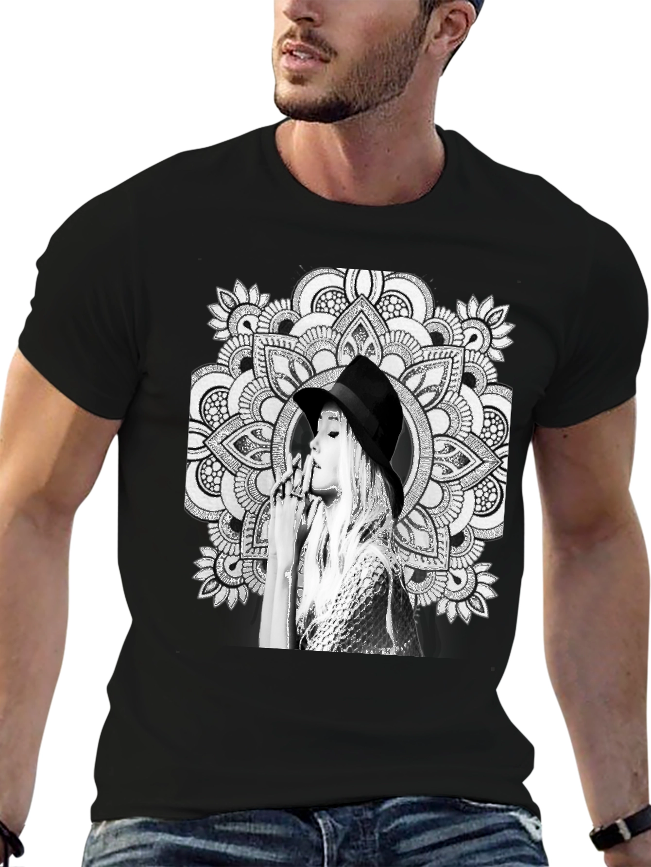 Black Graphic Tee - Mandala Art Woman Portrait